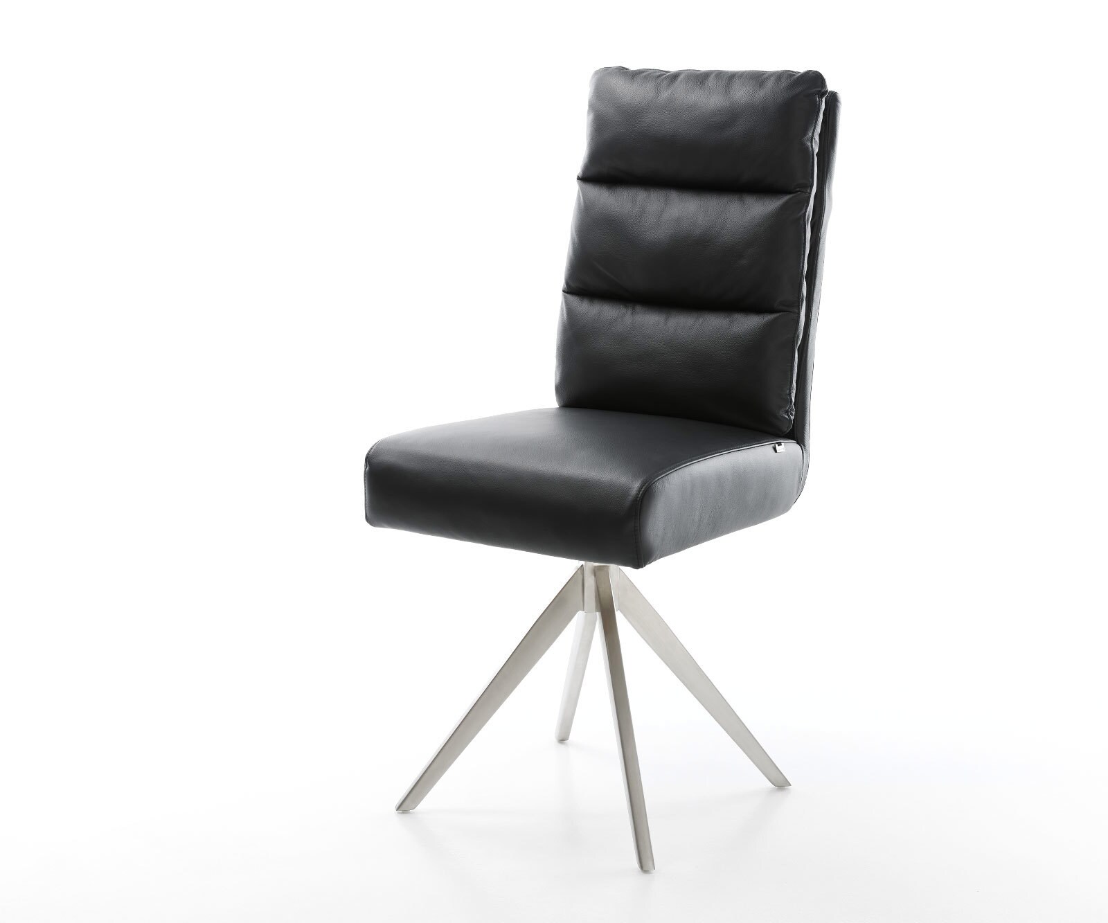 Chaise-de-salle-à-manger Pela-Flex cuir de vache noir pied croisé angulaire acier inoxydable brossé ressorts ensachés