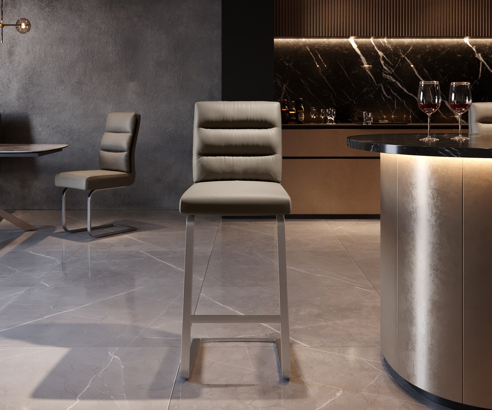 Chaise-de-bar Pela-Flex cuir véritable boue cadre luge plat acier inoxydable ressorts ensachés 1