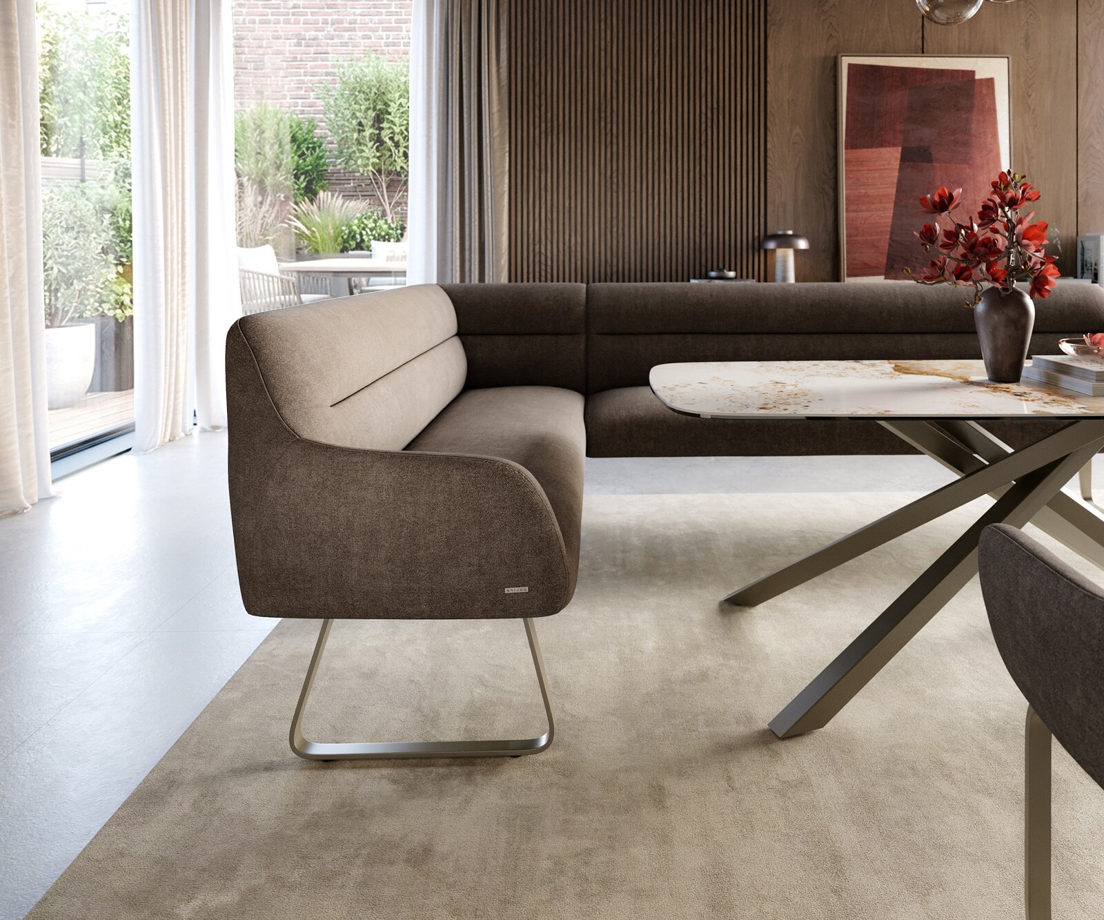 Banc-de-salle-à-manger Taya-Flex 285x190 cm tissu structuré doux taupe châssis à patins plat titane ressort ensaché à droite 4