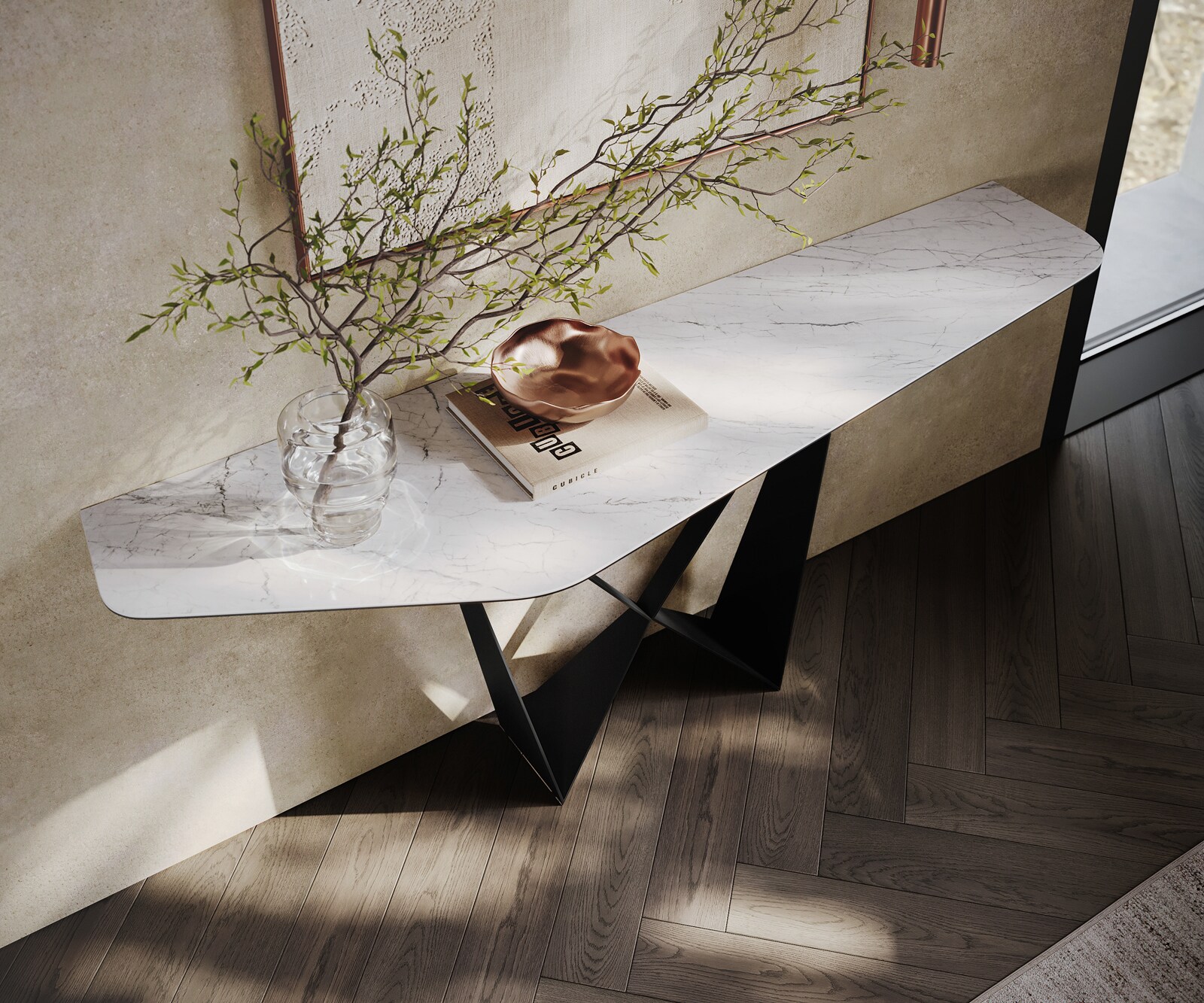 Console Edge Polygonal 180x50 cm Céramique Laminam® Statuarietto Weiß Spios Métal Noir 2