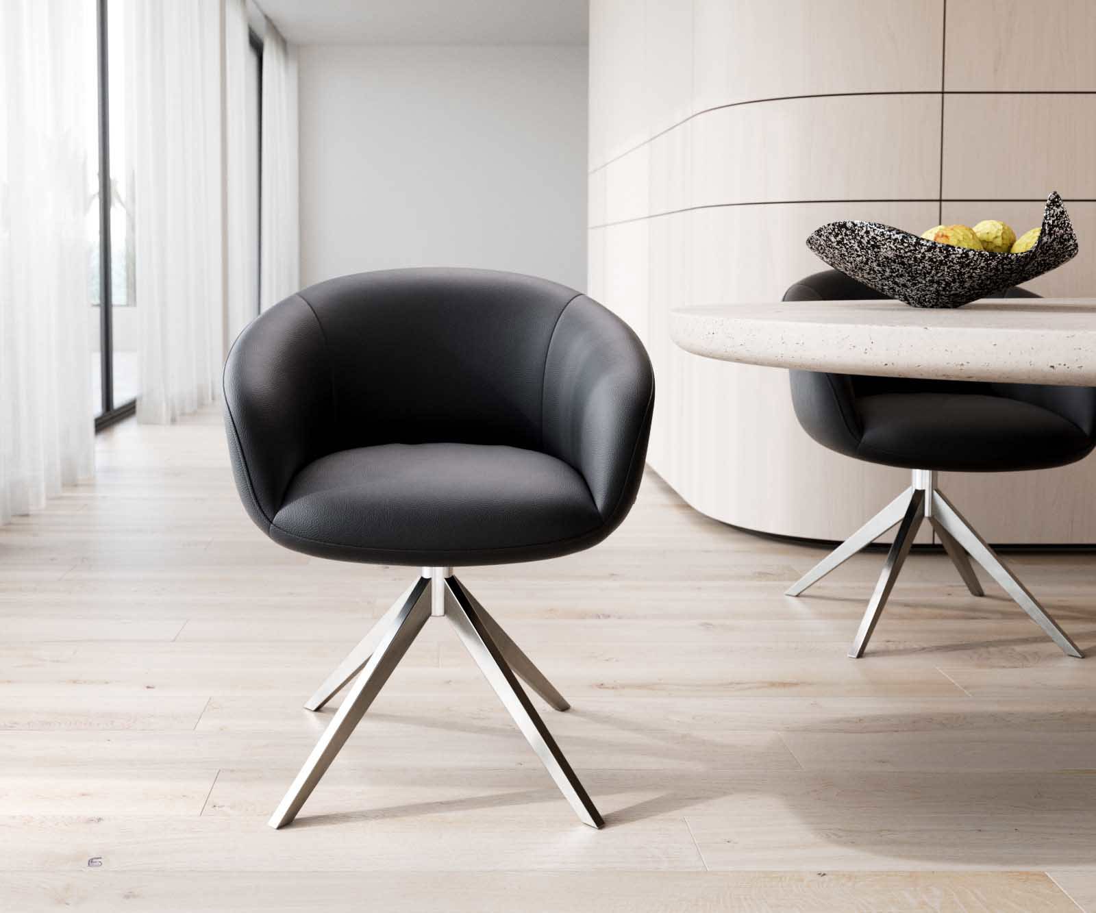 Chaise-pivotante Vinka-Flex avec accoudoirs cuir de vache noir pied croisé large acier inoxydable brossé pivotement sur 360° ressorts ensachés 1 Chaise-pivotante Vinka-Flex avec accoudoirs cuir de vache noir pied croisé large acier inoxydable brossé pivotement sur 360° ressorts ensachés 1