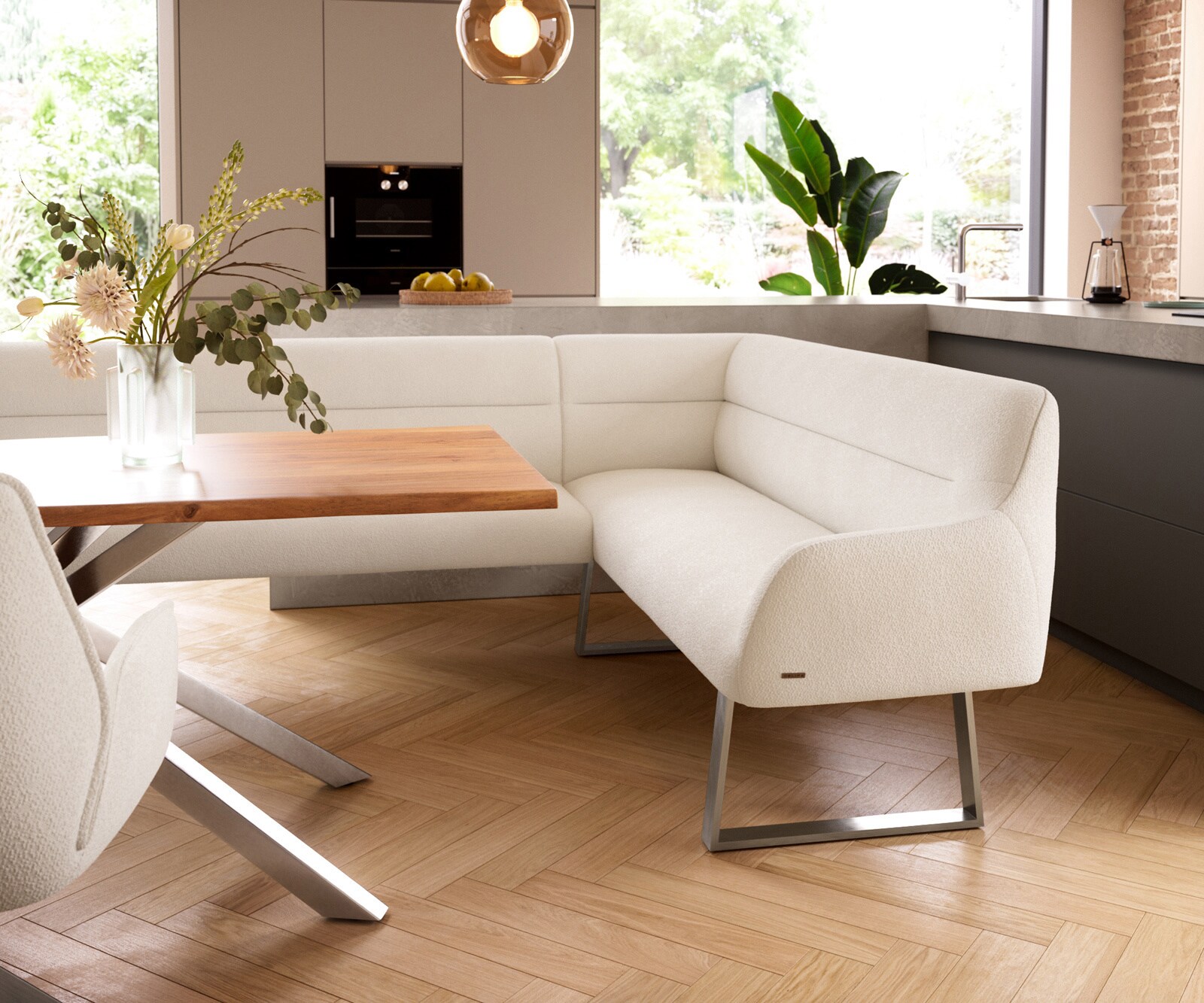 Banc-de-salle-à-manger Taya-Flex 285x190 cm bouclé crème-blanc piètement à patins angulaire acier inoxydable ressort ensaché à droite 5