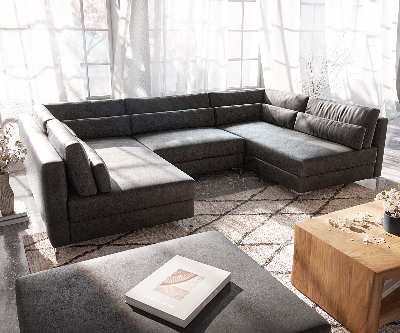 Canapé-panoramique Elio 300x185 cm similicuir vintage anthracite avec pouf 3
