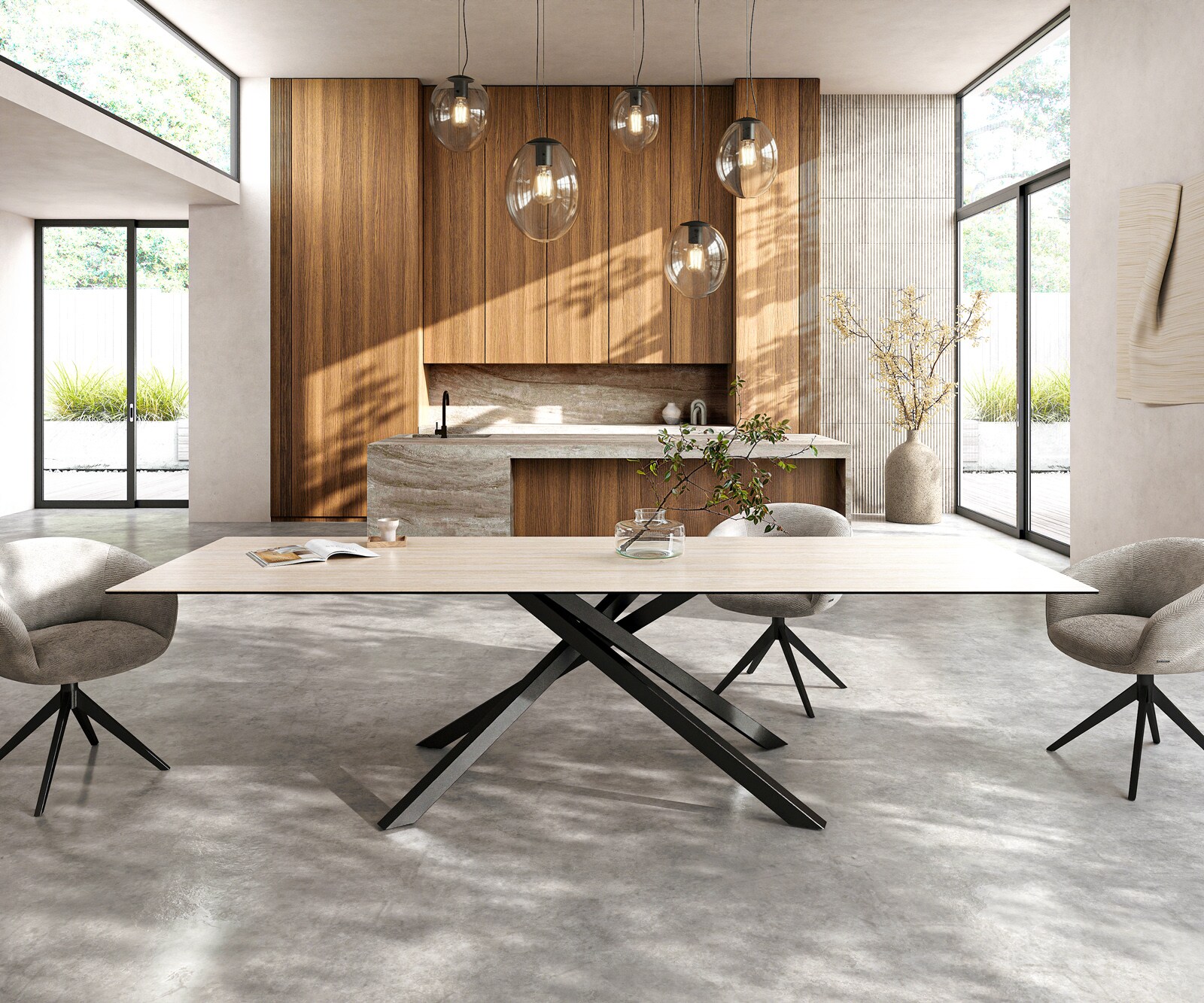Table à manger Edge 300x100 cm Céramique Laminam®Travertino Bianco Creme-Blanc piètement en croix Rectangle Noir 1