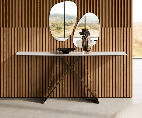 Console Edge forme bateau 180x40 cm Céramique Onyx Champagne Velio Métal Effektfinish Titan