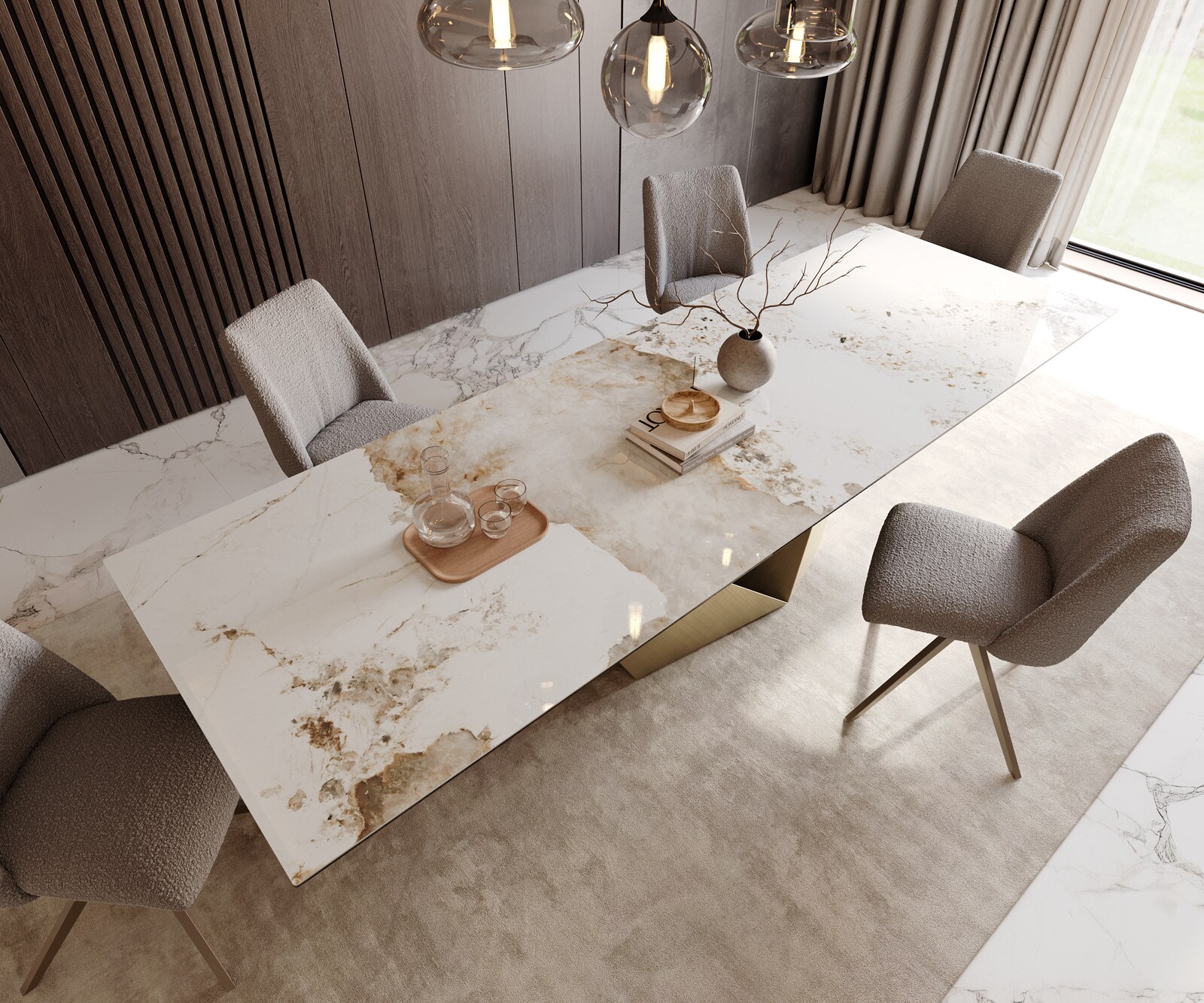 Table à manger Edge 300x100 céramique Minas mélange blanc-beige Prisma métallique doré 4