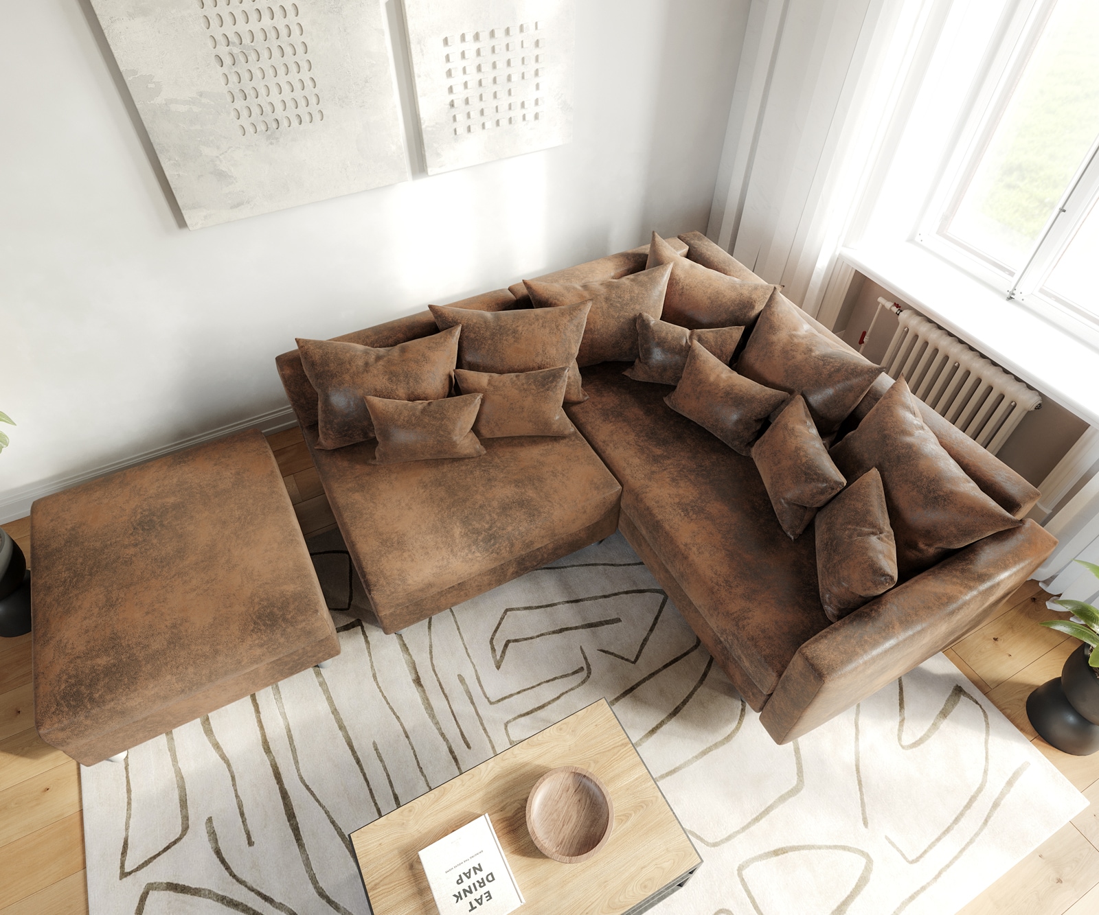 Canapé-d'angle Clovis modulable marron look antique avec tabouret et accoudoirs poufs droite 3 Canapé-d'angle Clovis modulable marron look antique avec tabouret et accoudoirs poufs droite 3