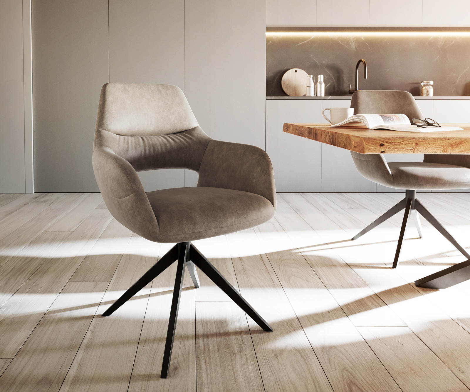 Chaise-de-salle-à-manger Yago-Flex avec accoudoirs microvelours taupe vintage pied croisé large noir ressorts ensachés Chaise-de-salle-à-manger Yago-Flex avec accoudoirs microvelours taupe vintage pied croisé large noir ressorts ensachés
