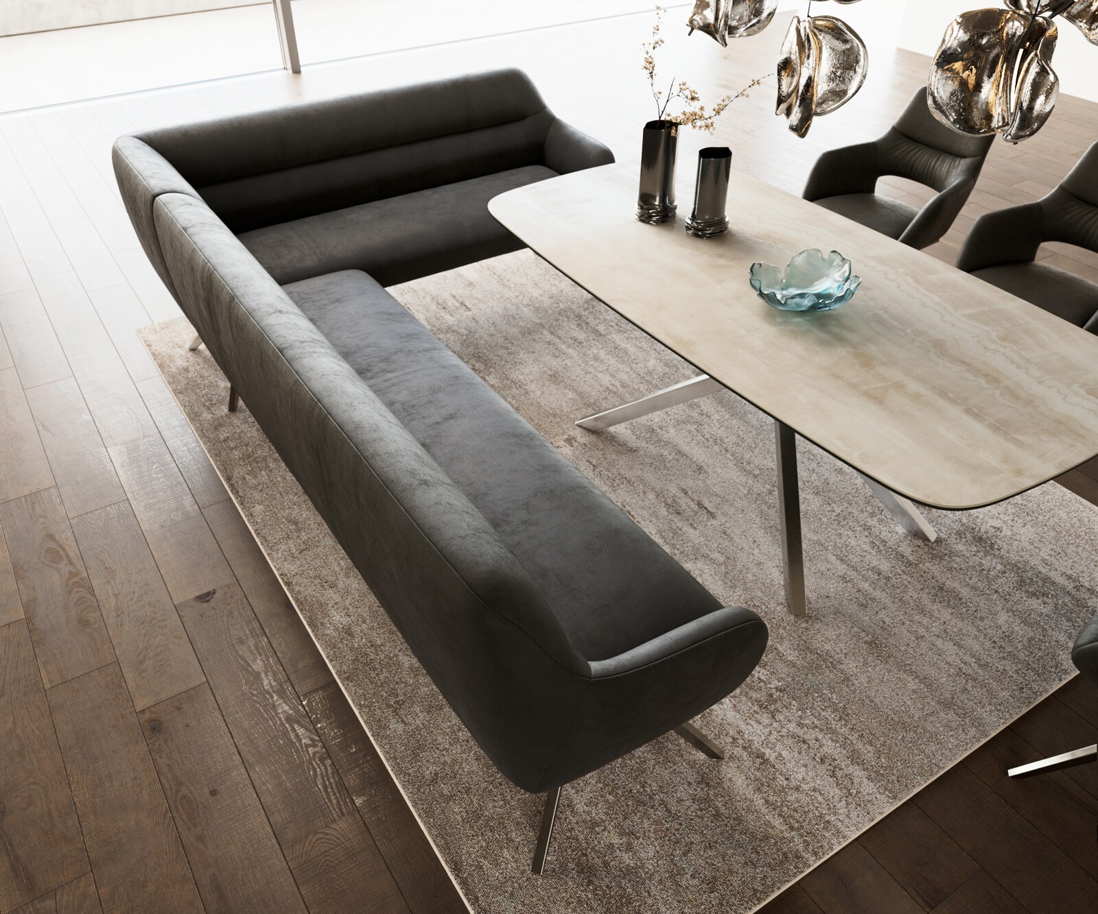 Banc-de-salle-à-manger Taya-Flex 285x190 cm microfibre antracite vintage pied croisé angulaire acier inoxydable ressort ensaché liens 4