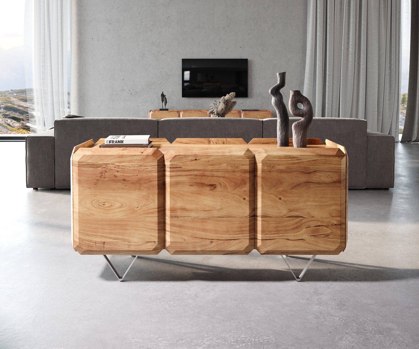 Buffet Kiano 145 cm Acacia Nature 3 Portes Pied en V Acier inoxydable Séparateur de pièce 1