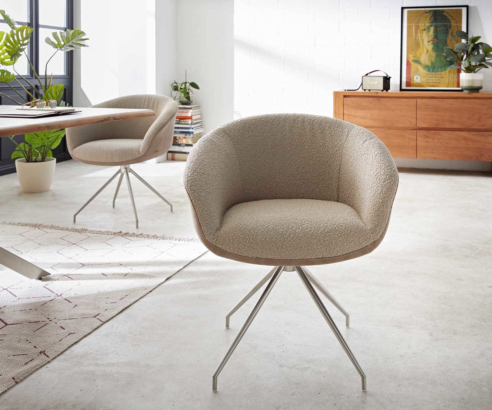 Chaise-pivotante Vinka-Flex avec accoudoirs tissu mixte couleur boue pied croisé conique acier inoxydable brossé pivotement sur 180° ressorts ensachés 1 Chaise-pivotante Vinka-Flex avec accoudoirs tissu mixte couleur boue pied croisé conique acier inoxydable brossé pivotement sur 180° ressorts ensachés 1