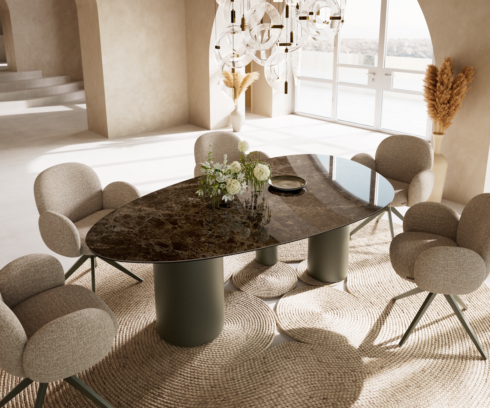 Table de salle à manger Edge Ovale Céramique Emperador Extra Lucidato Brun foncé 220x120 Troa Métal finition effet Titane 1
