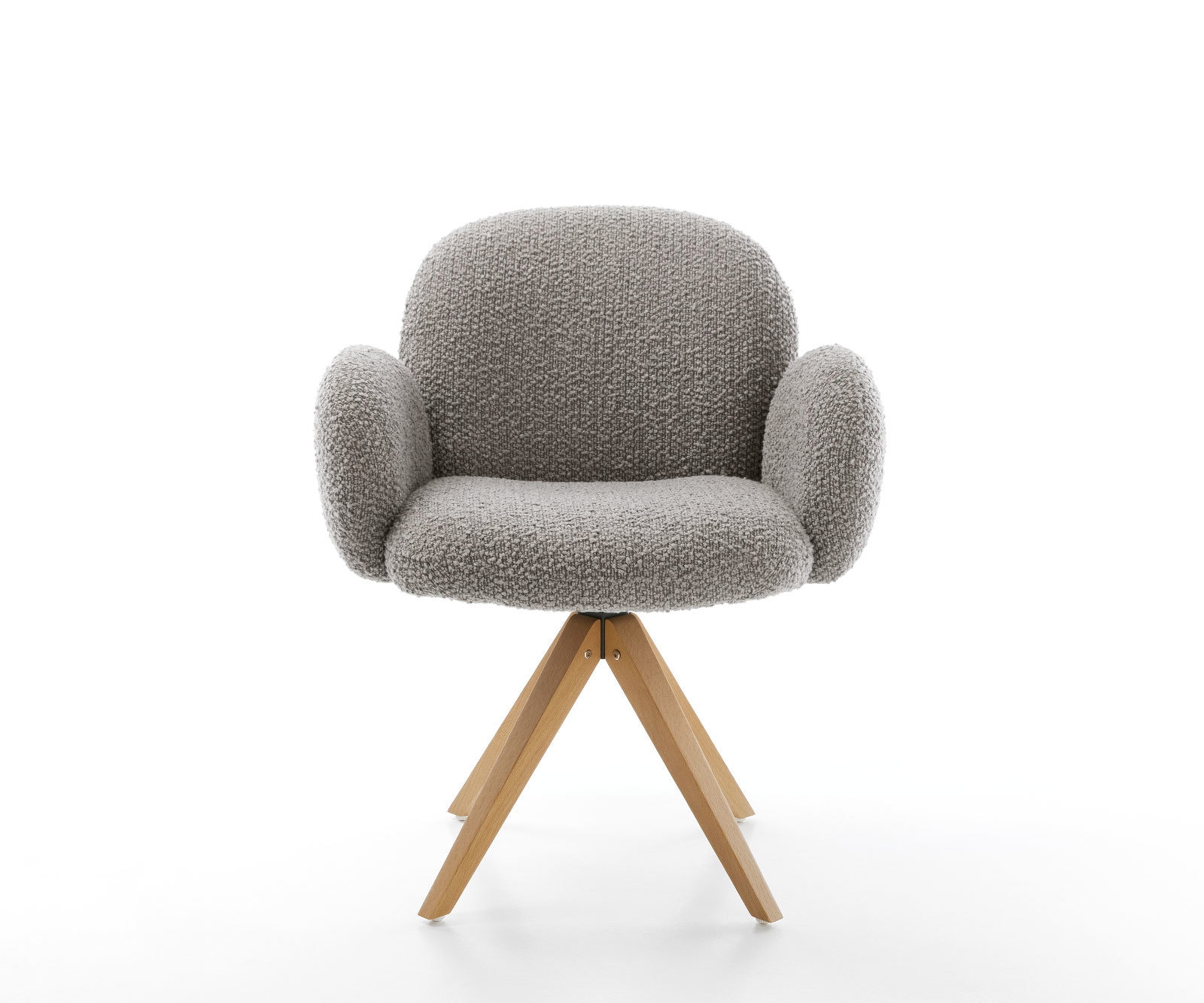 Chaise-pivotante Nube-Flex avec accoudoirs bouclé gris argenté pied en bois angulaire naturel pivotement sur 180° ressorts ensachés 1 Chaise-pivotante Nube-Flex avec accoudoirs bouclé gris argenté pied en bois angulaire naturel pivotement sur 180° ressorts ensachés 1