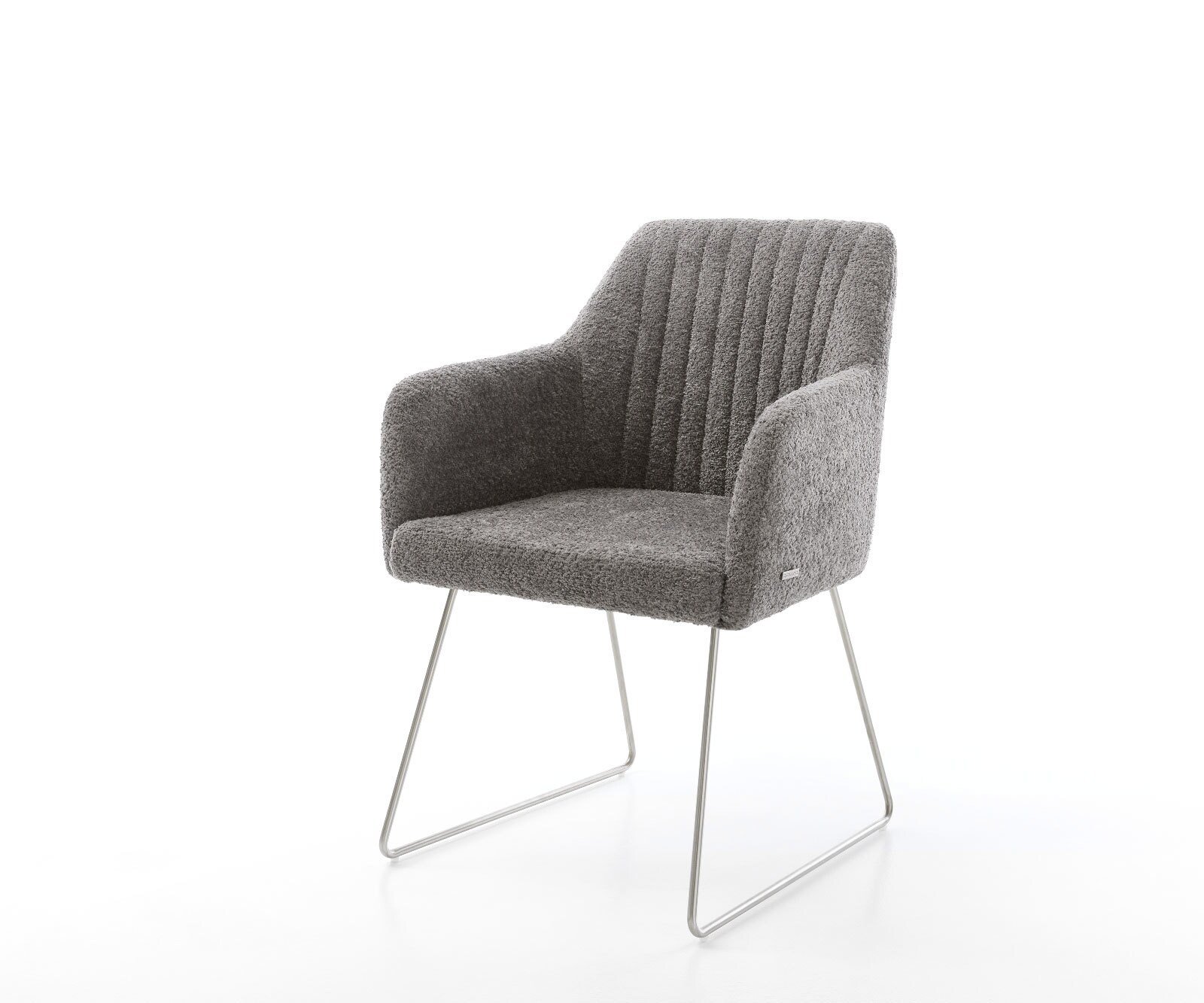 Chaise-de-salle-à-manger Greg-Flex bouclé gris pied trapèze acier inoxydable brossé ressorts ensachés
