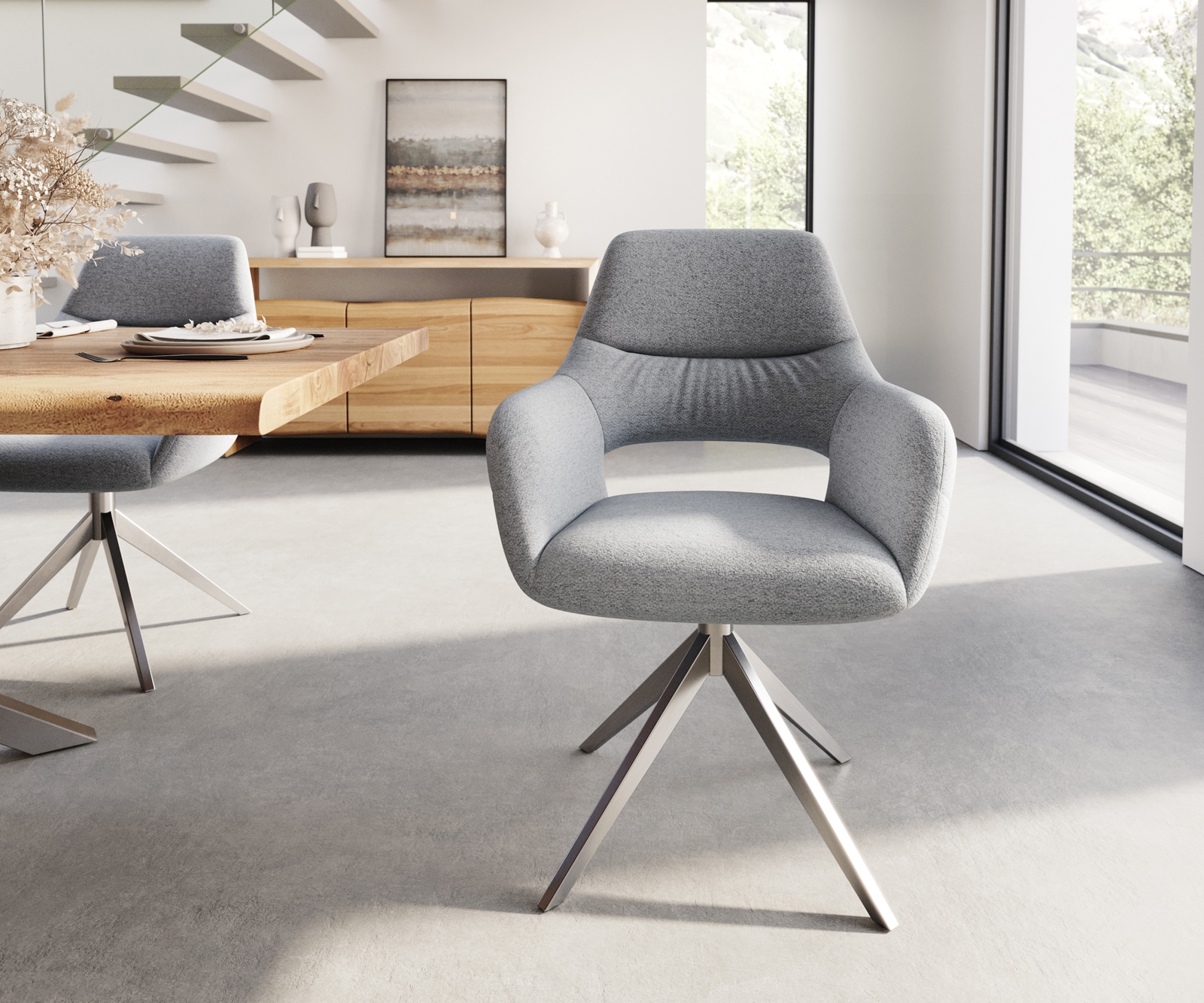 Chaise-de-salle-à-manger Yago-Flex avec accoudoirs tissu texturé gris clair pied croisé large acier inoxydable brossé ressorts ensachés 1 Chaise-de-salle-à-manger Yago-Flex avec accoudoirs tissu texturé gris clair pied croisé large acier inoxydable brossé ressorts ensachés 1