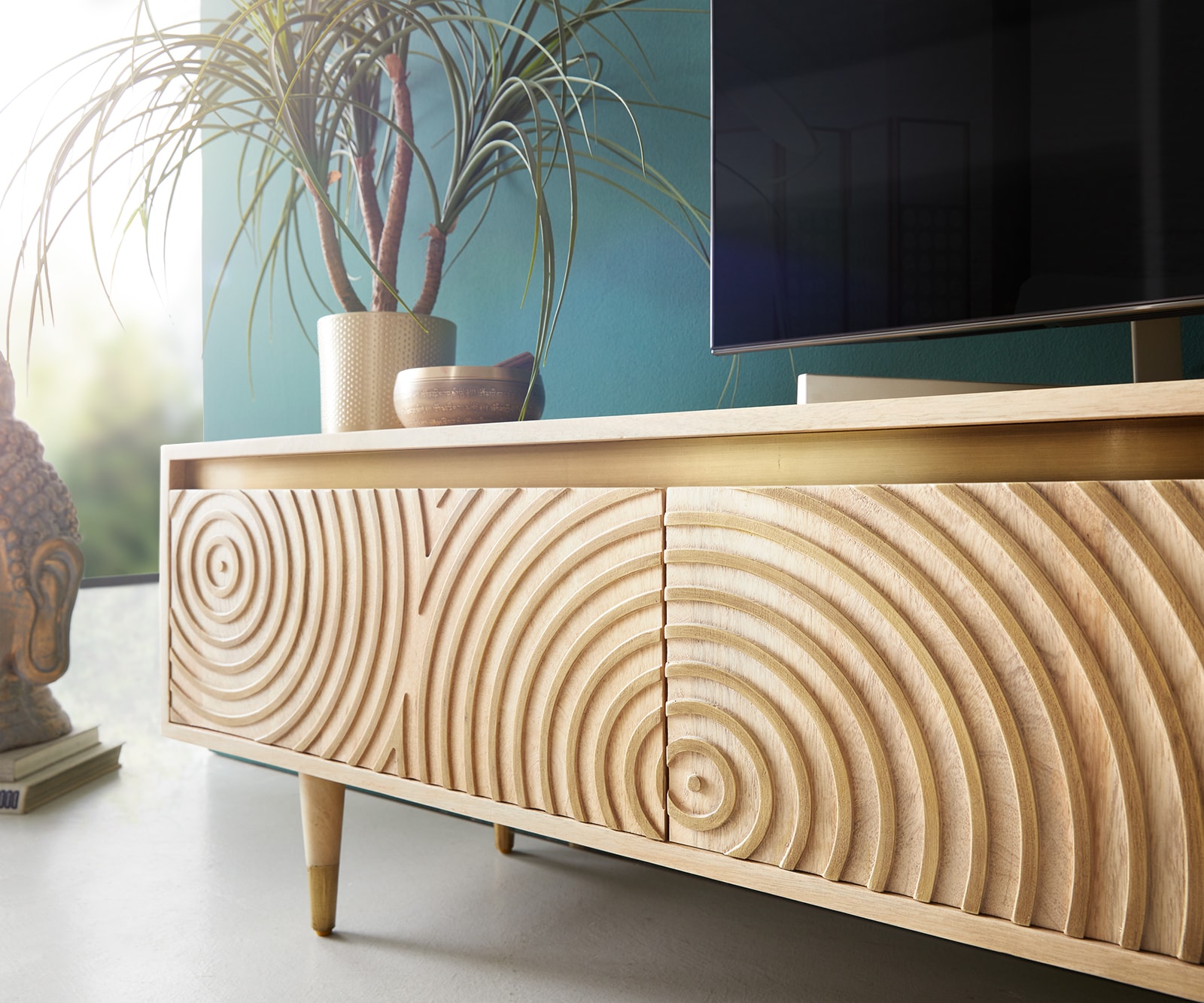 Meuble-TV Budaya 220 cm manguier naturel 4 portes pied conique 3 Meuble-TV Budaya 220 cm manguier naturel 4 portes pied conique 3