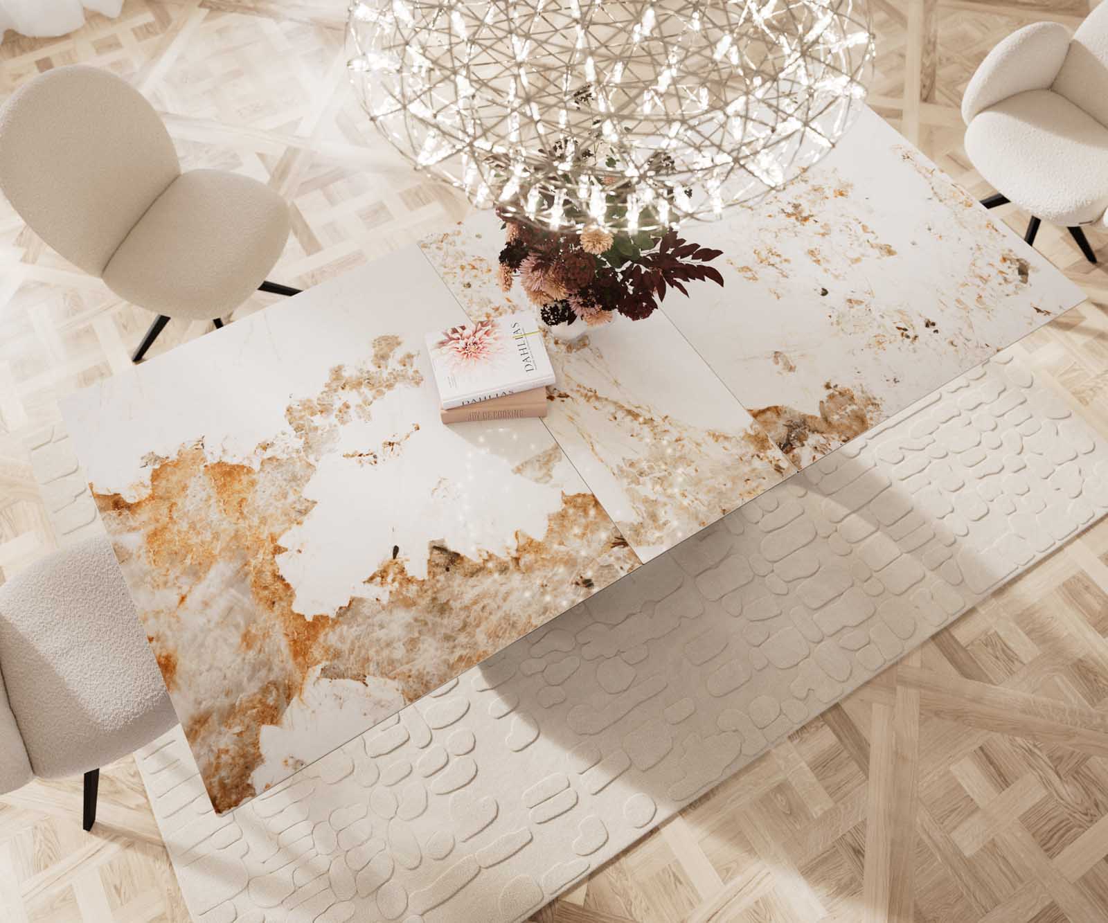 Table à manger Edge 180-220x100 Céramique Minas Melange Blanc-Beige cadre en W Effet Titan Extensible 6