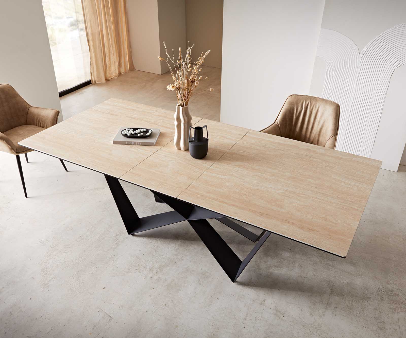 Table à manger Edge 180-220x100 céramique Travertin nature Spider acier plat noir extensible 4