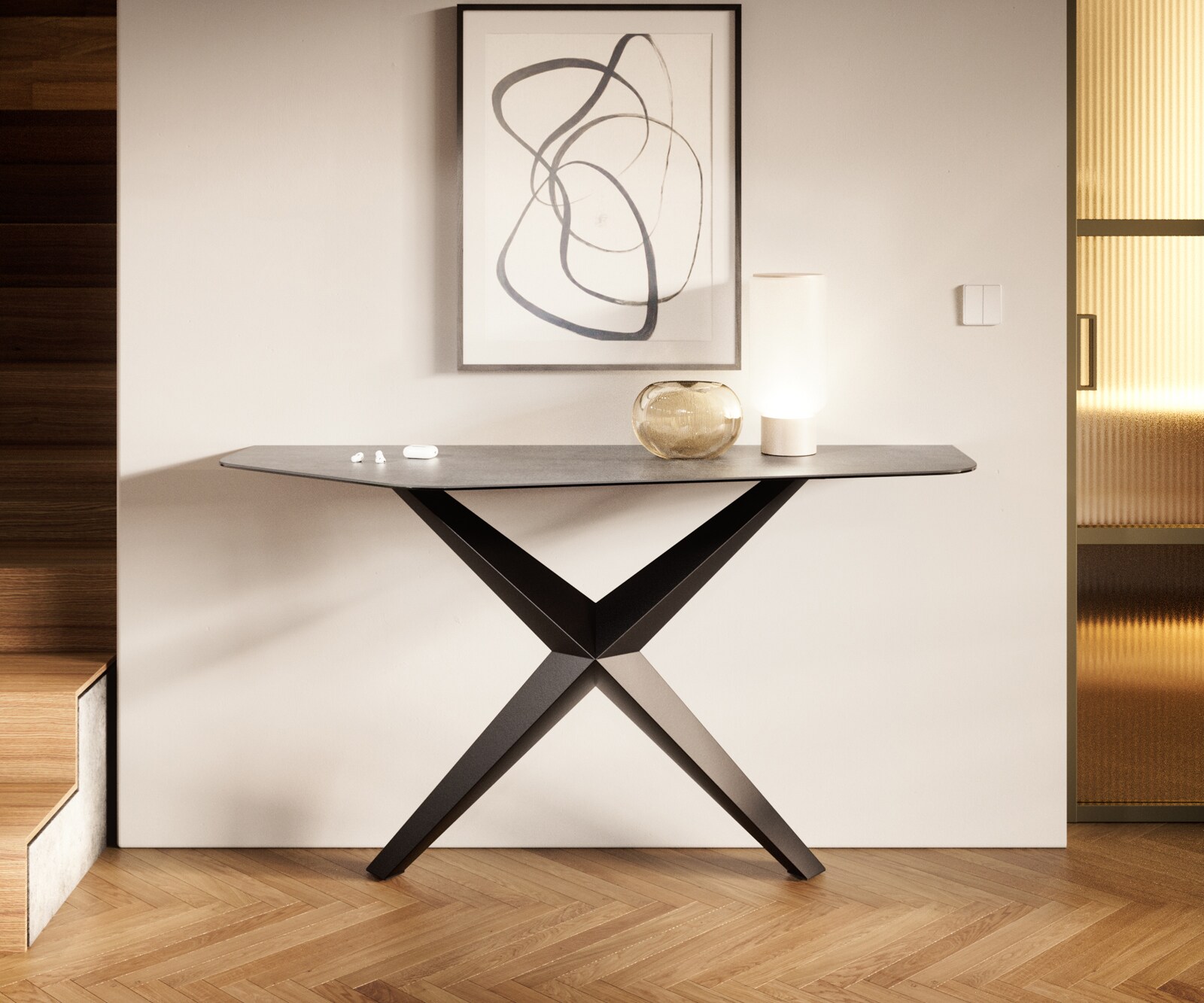 Console Edge Polygonal 140x50 cm Céramique Gris béton Zentharo Métal Noir 1