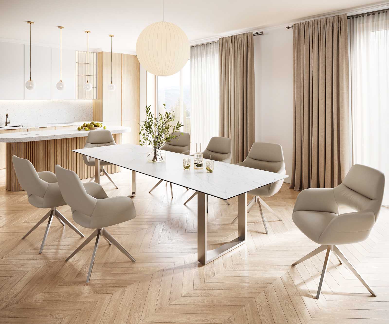 Table-à-manger Edge 300x100 céramique Laminam® statuarietto blanc inox étroit 6