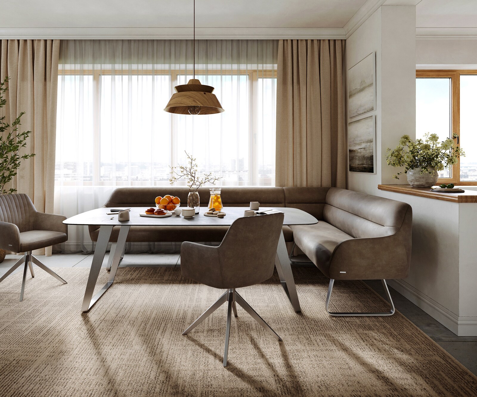 Banc-de-salle-à-manger Taya-Flex 285x190 cm microfibre taupe vintage châssis à patins plat acier inoxydable ressort ensaché liens 2