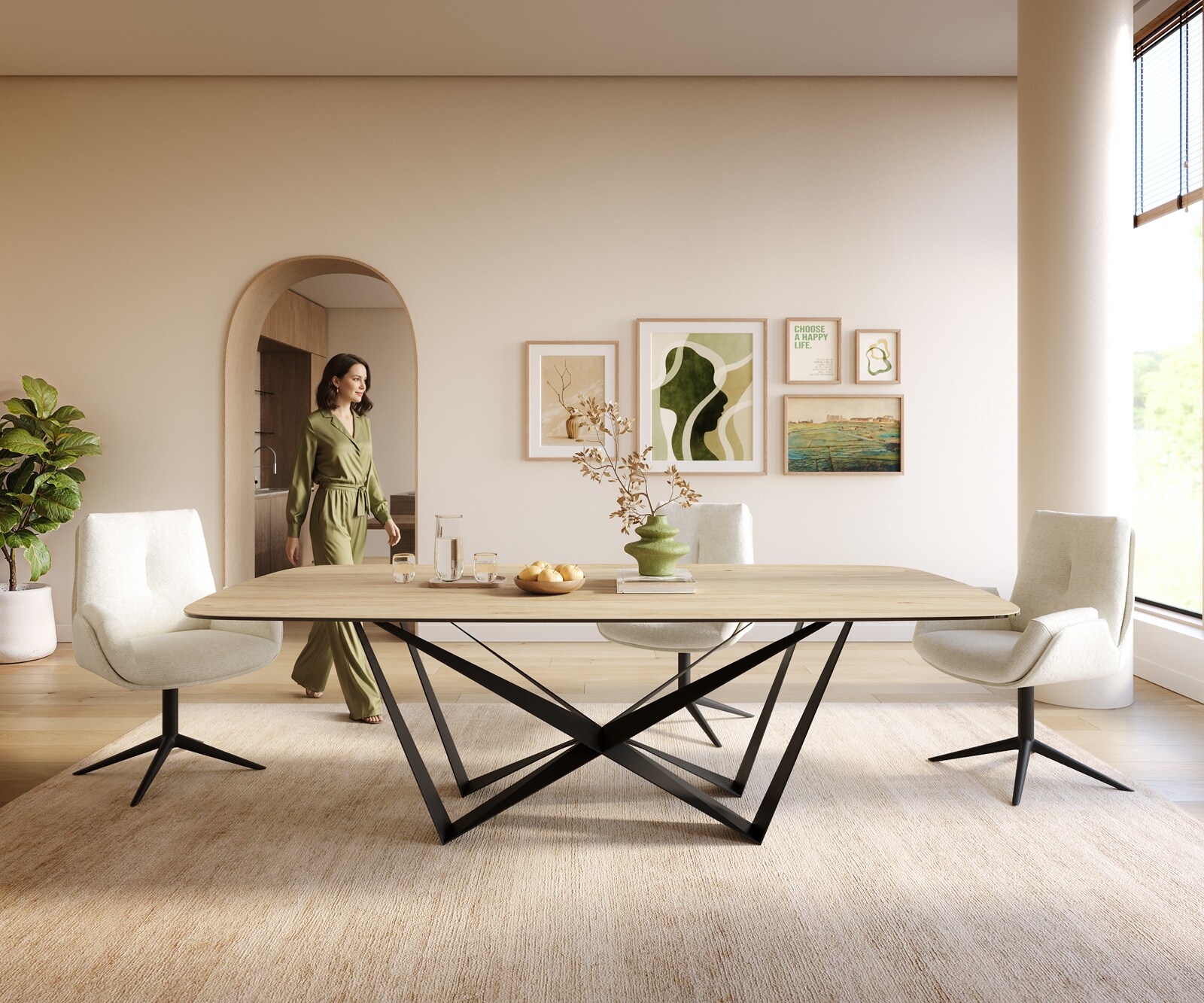 Table à manger Edge Boot 240x120 cm Céramique Laminam® Sabbia Eichefarbig Spider Flachstahl Noir