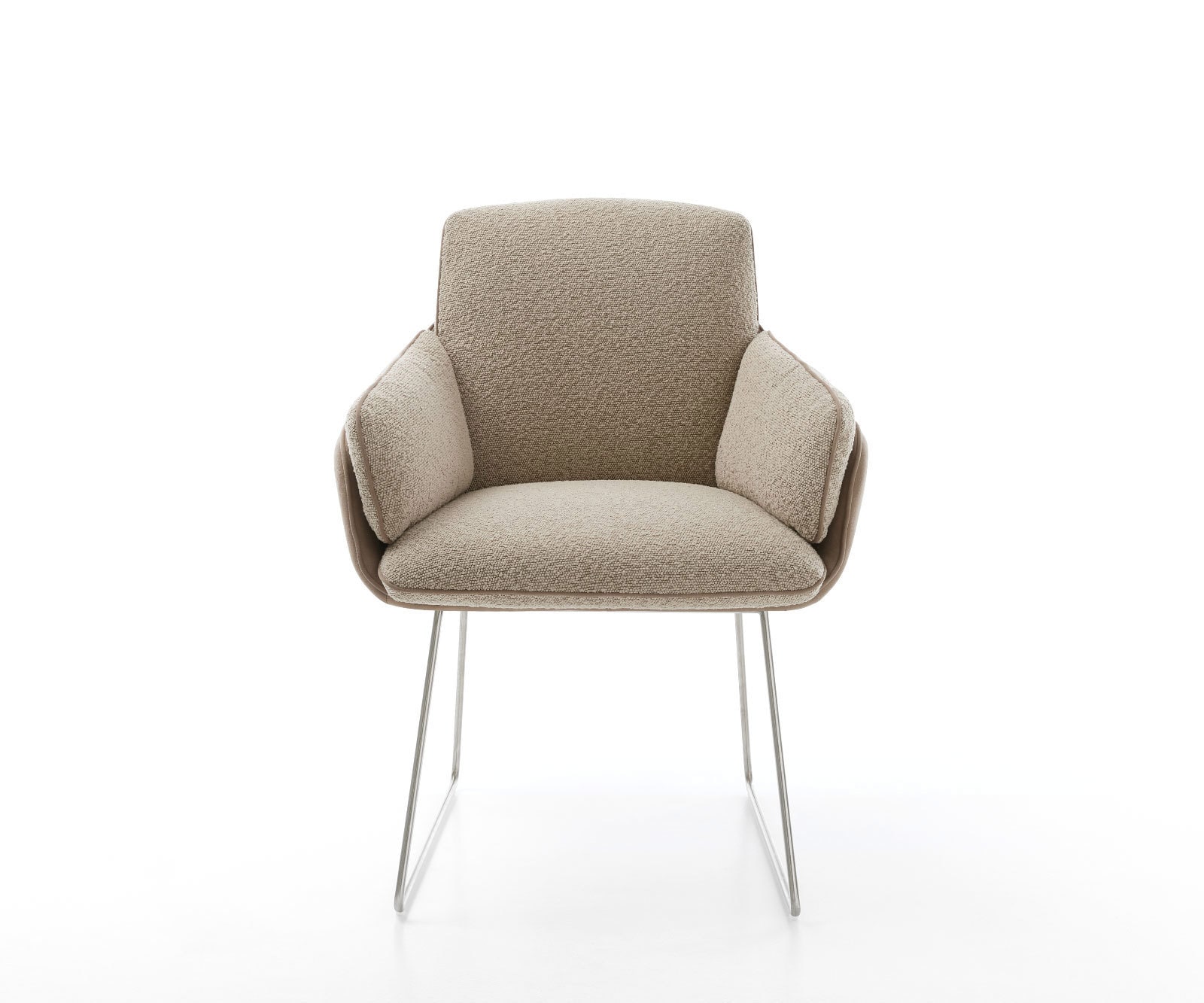 Chaise-de-salle-à-manger Luan-Flex avec accoudoirs tissu mixte couleur boue pied trapèze acier inoxydable brossé 1 Chaise-de-salle-à-manger Luan-Flex avec accoudoirs tissu mixte couleur boue pied trapèze acier inoxydable brossé 1