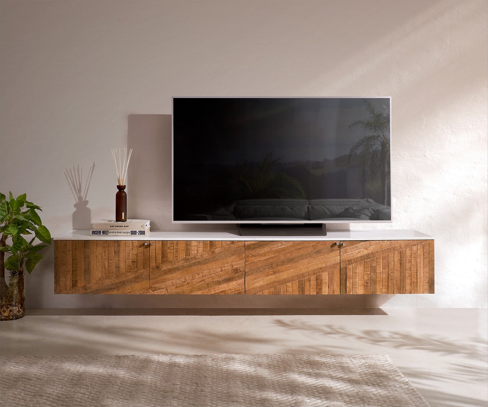 Meuble-TV Bahan 200 cm mangue teck 4 portes plateau marbre blanc flottant 1