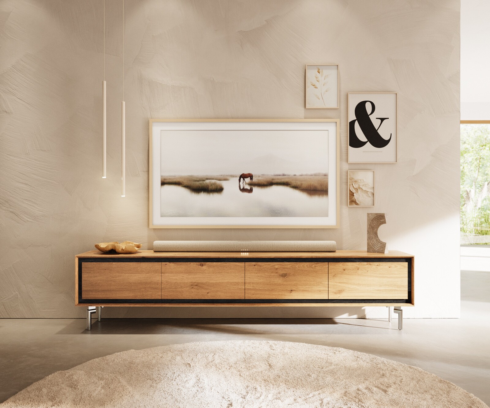 Meuble-TV Stonegrace 200 cm chêne naturel 4 portes pied ovale inoxydable brossé 2