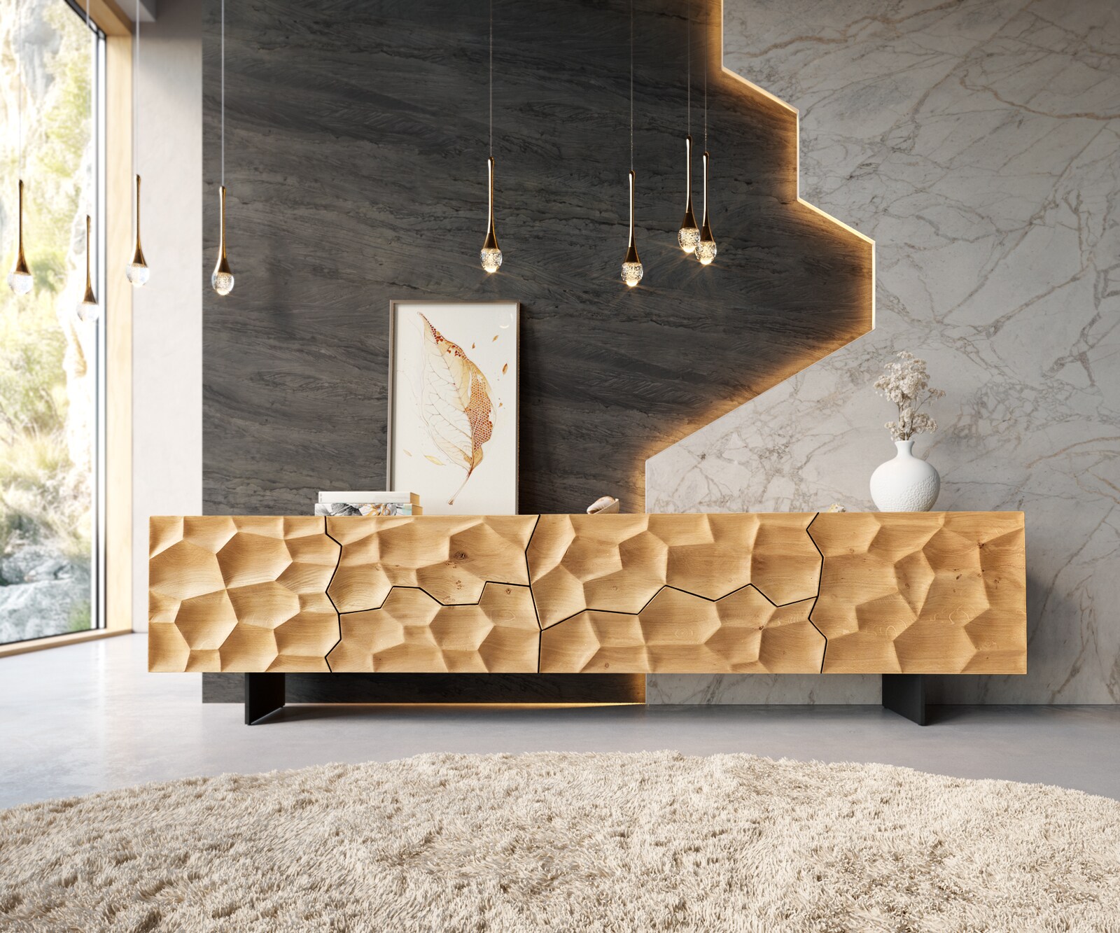 Meuble TV Solu 220 cm chêne naturel 2 portes 4 tiroirs pieds profilés métal noir face avant en 3D 1