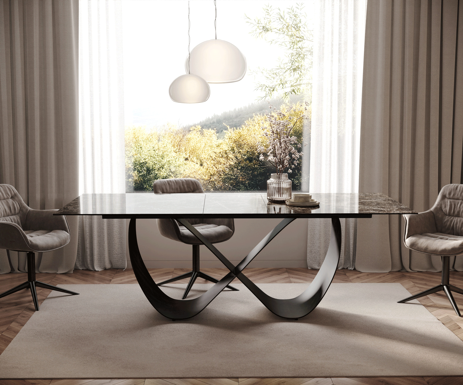 Table de salle à manger Edge Céramique Emperador Extra Lucidato Brun foncé 180-220x100 Infinity Métal Noir extensible 1