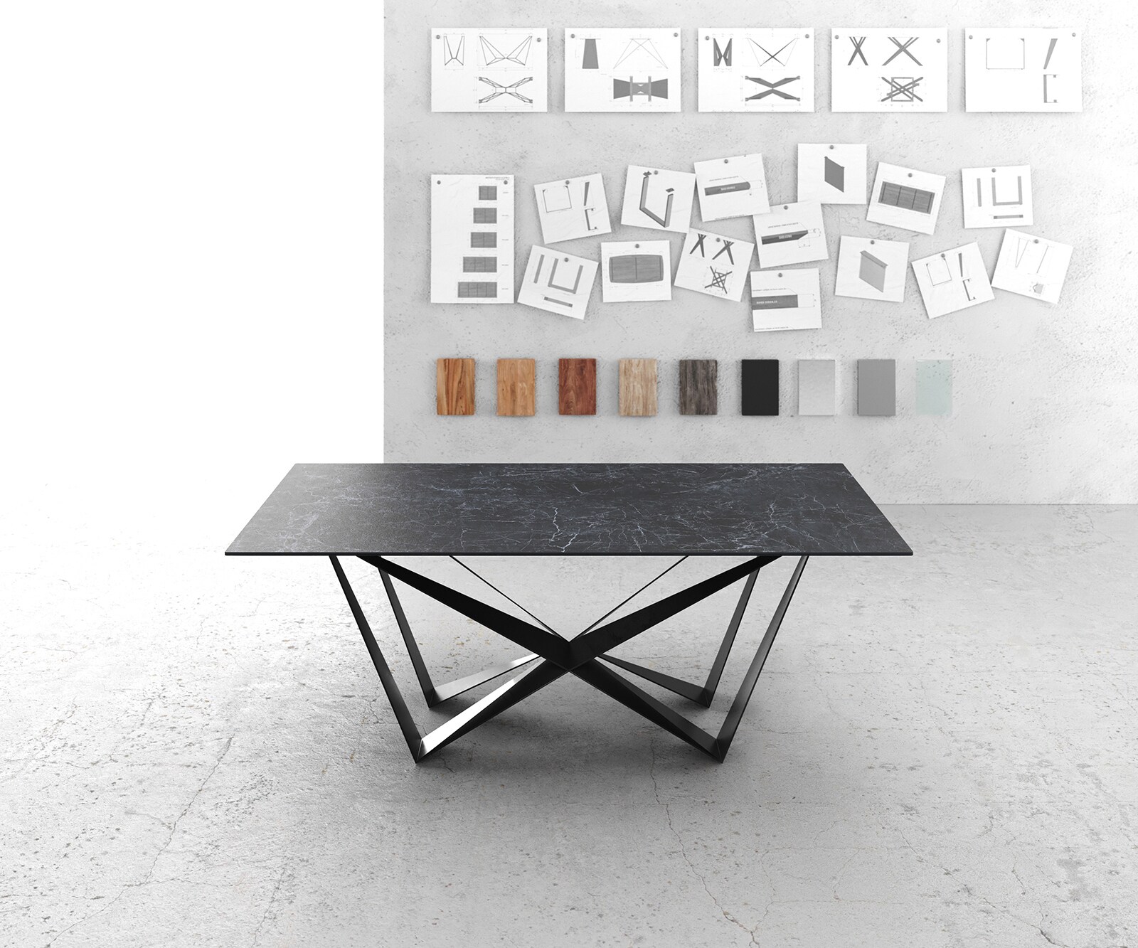 Table-à-manger Edge 200x100cm Laminam® céramique gris pieds milieu acier plat noir 1