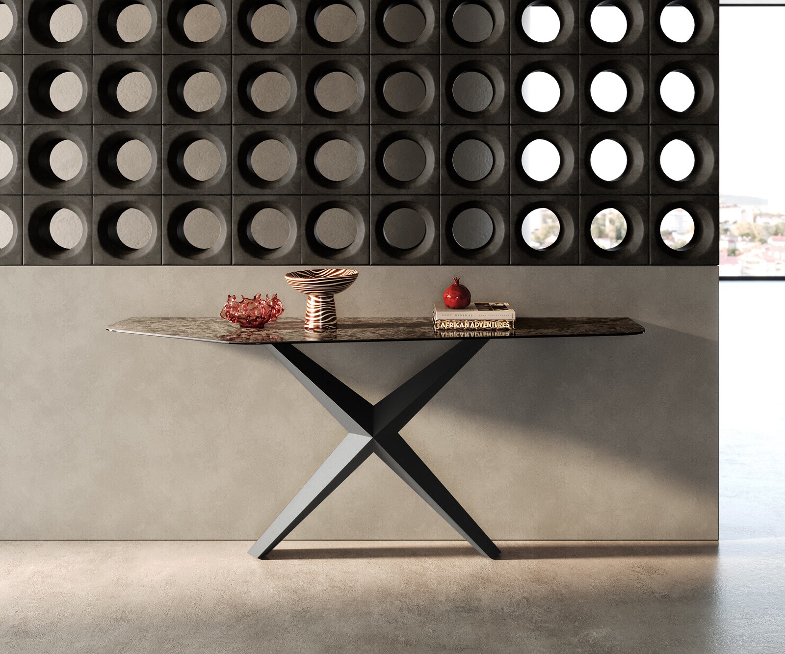 Console Edge Polygonal 180x50 cm Céramique Emperador Extra Lucidato Dunkelbraun Zentharo Métal Noir 1