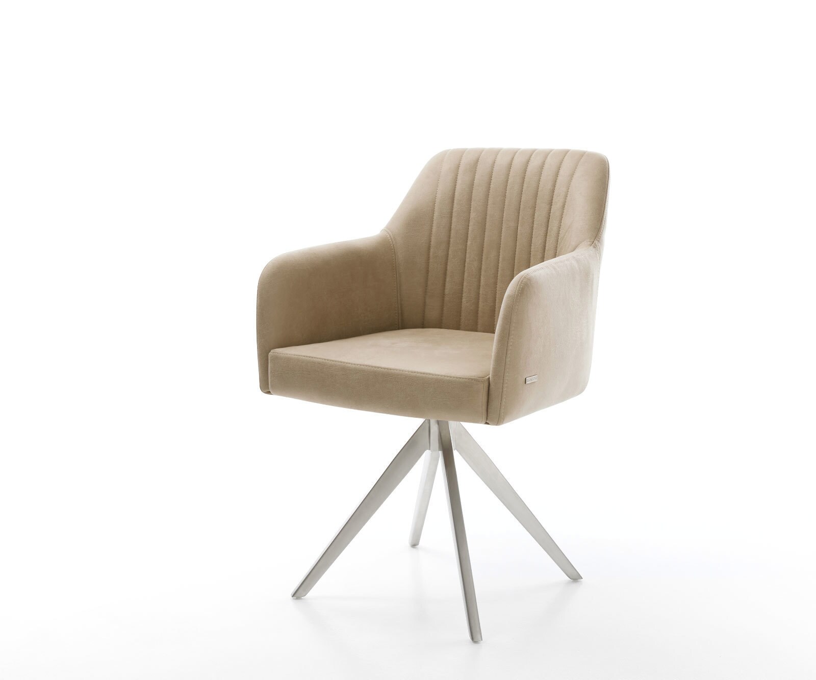 Chaise-de-salle-à-manger Greg-Flex microvelours beige vintage pied croisé angulaire acier inoxydable brossé ressorts ensachés