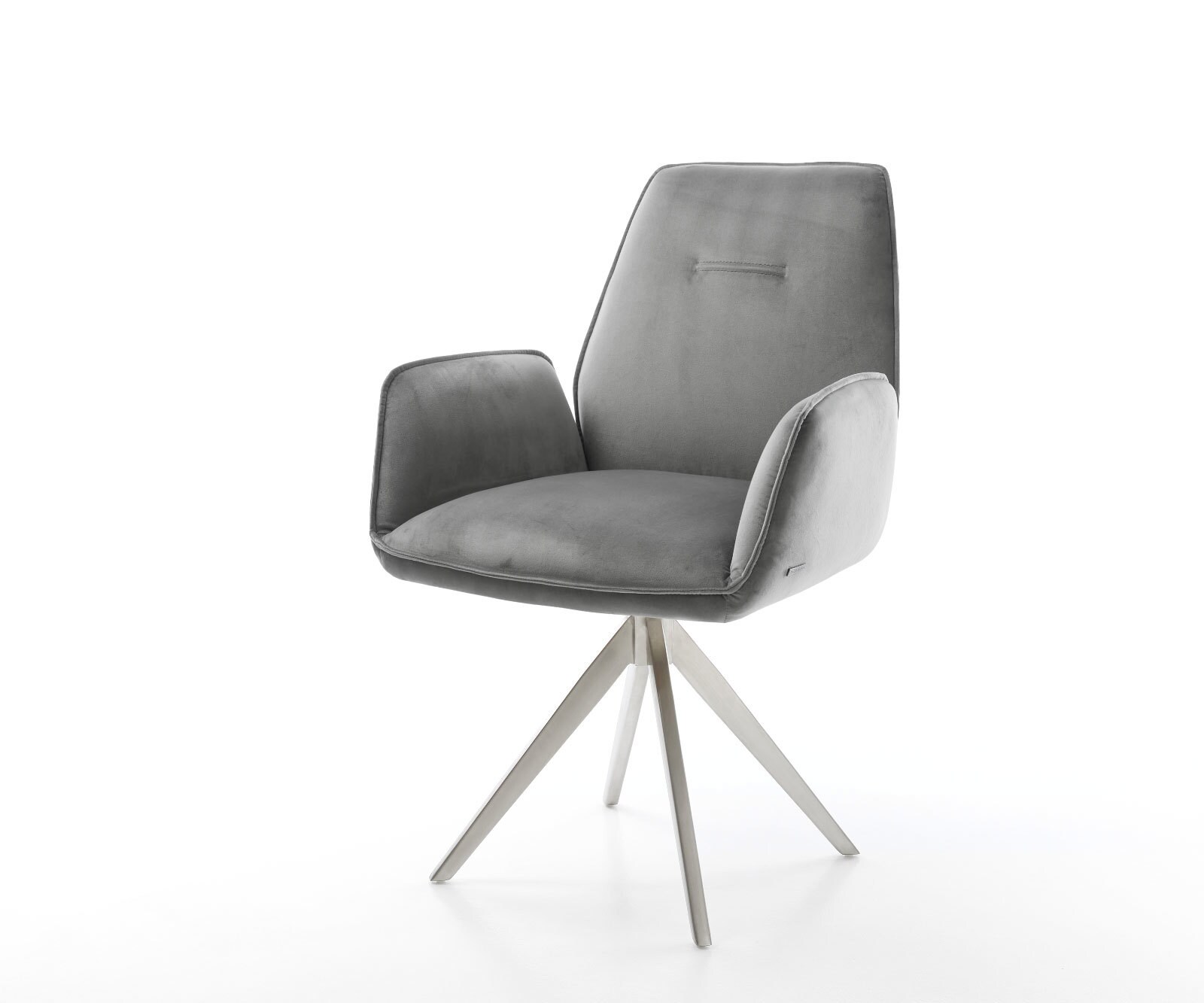 Chaise-de-salle-à-manger Zoa-Flex velours gris pied croisé angulaire acier inoxydable brossé ressorts ensachés Chaise-de-salle-à-manger Zoa-Flex velours gris pied croisé angulaire acier inoxydable brossé ressorts ensachés