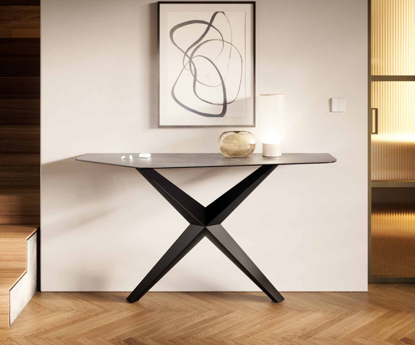 Console Edge Polygonal 140x50 cm Céramique Gris béton Zentharo Métal Noir 3