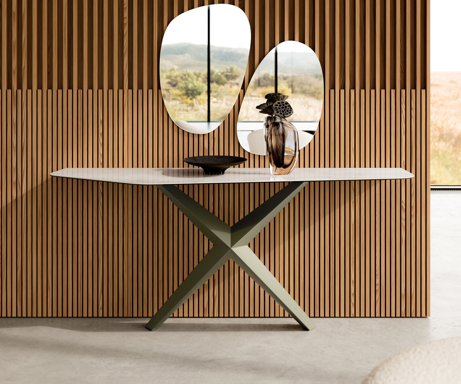 Console Edge Polygonal 180x50 cm Céramique Onyx Champagne Zentharo Métal Effektfinish Titan 1