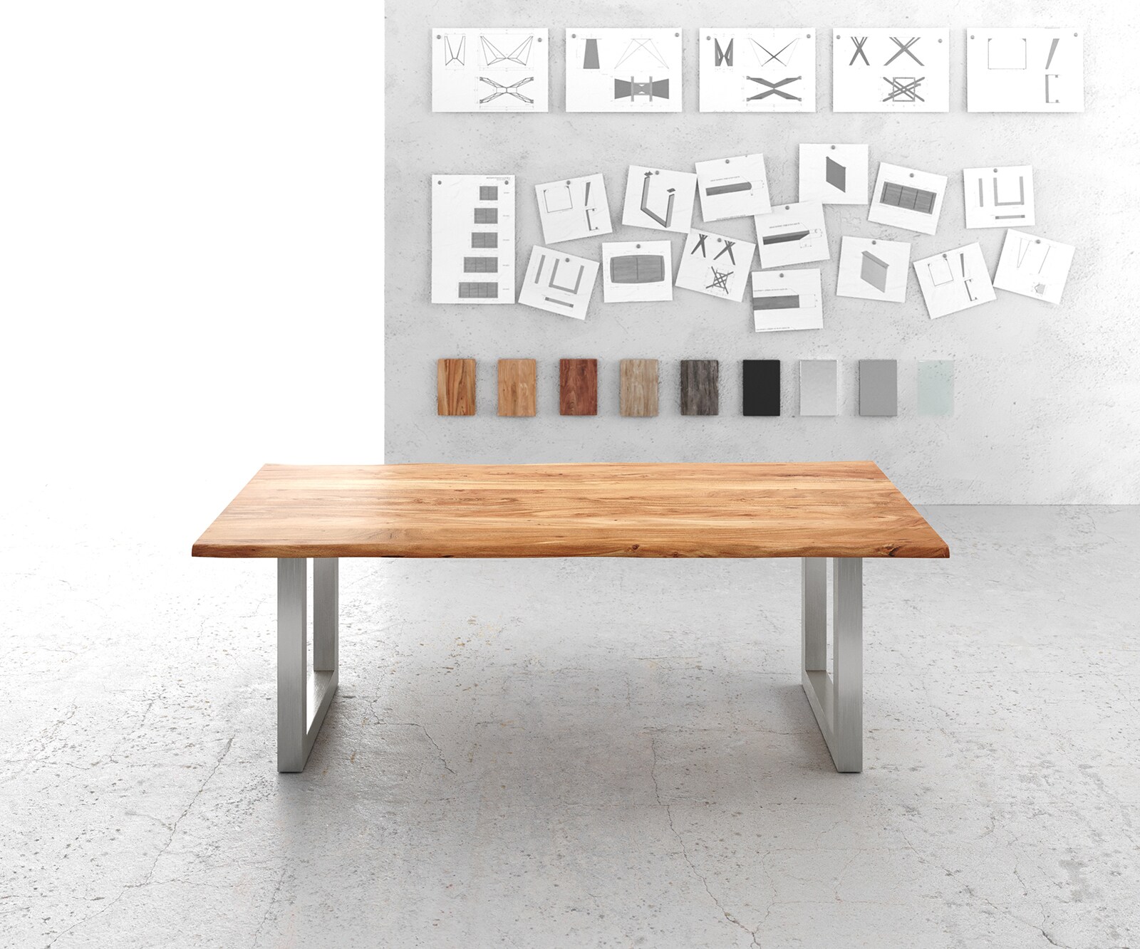 Table-à-manger Edge 220x100cm acacia nature acier inoxydable large Live-Edge 2