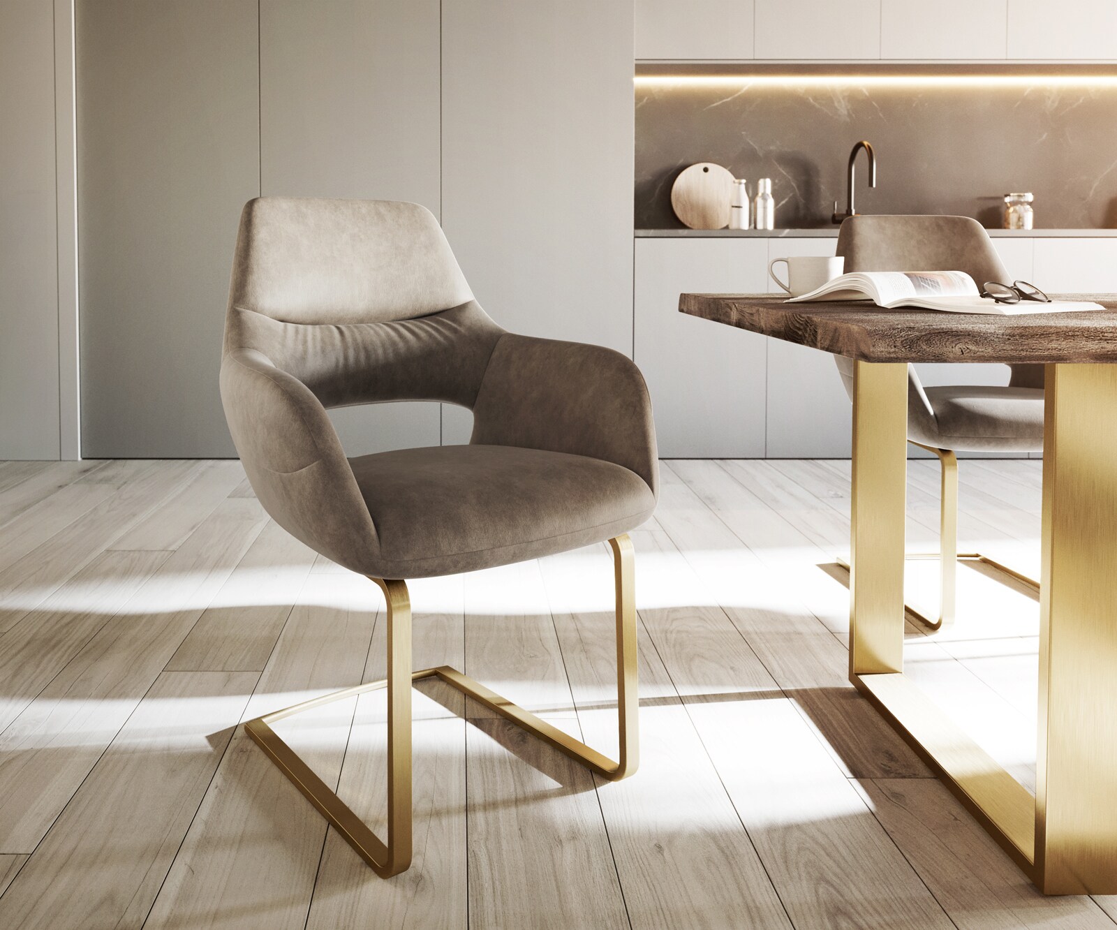 Cantilever Yago-Flex avec accoudoirs microvelours taupe vintage pied cantilever plat or ressorts ensachés