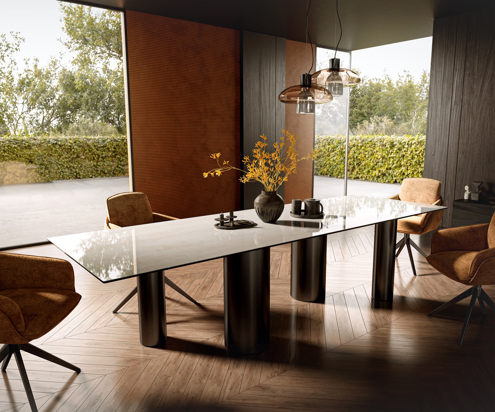 Table à manger Edge 300x100 cm céramique Onyx Champagne Pilier inox graphite