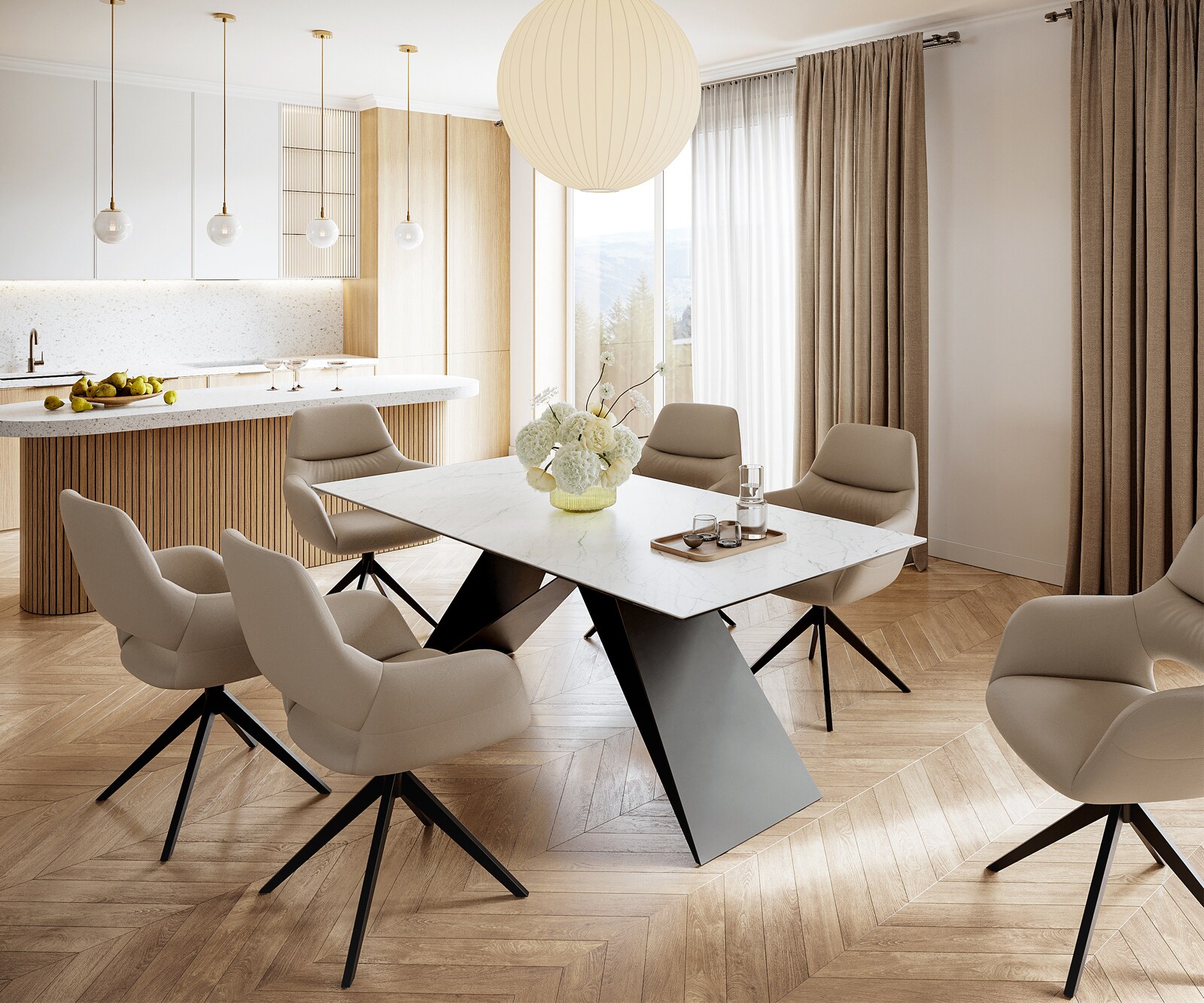 Table-à-manger Edge 200x100cm Laminam® céramique blanc V-pieds milieu noir 5