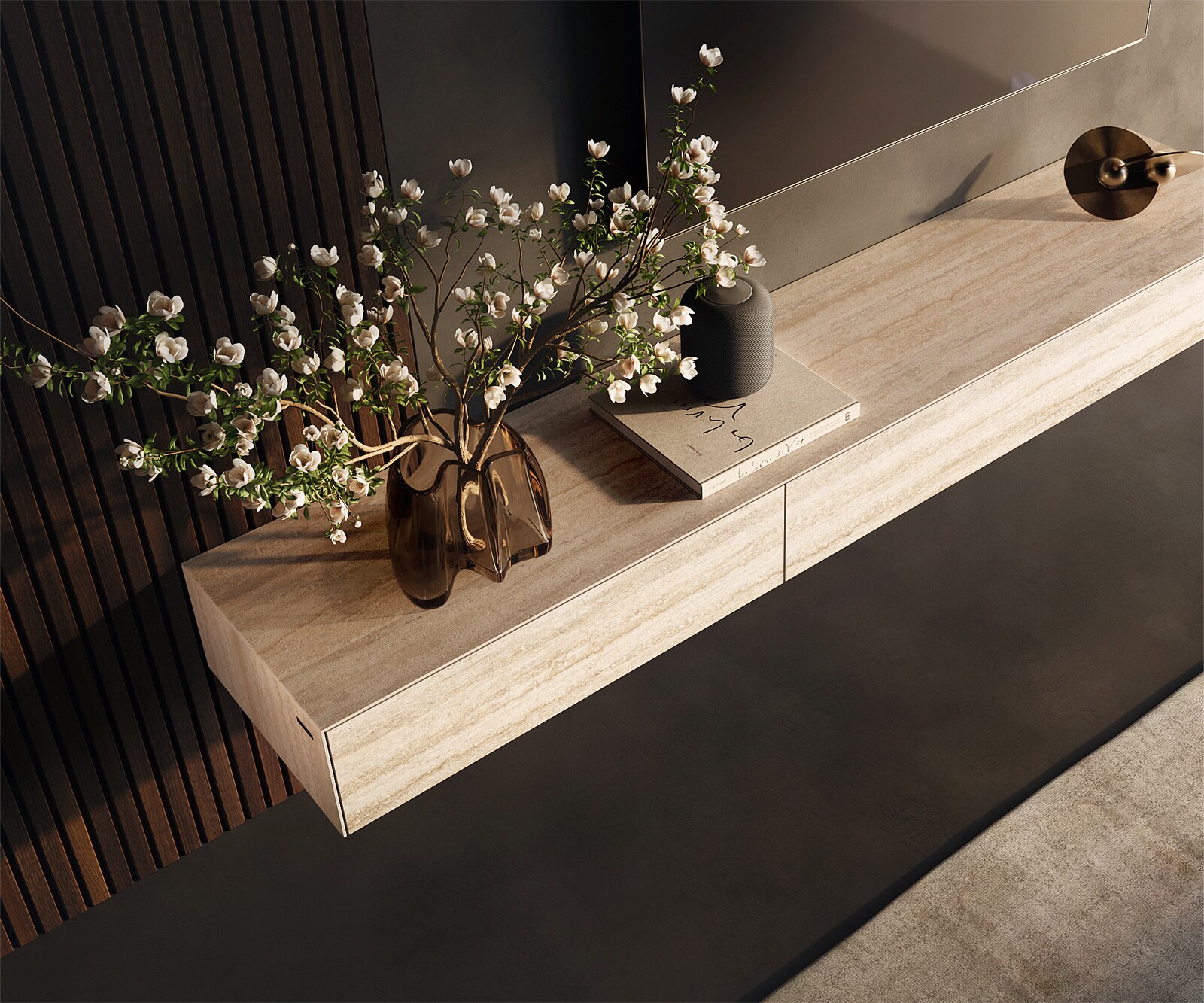 Meuble-TV Cuor 200 cm Céramique Laminam® Travertino Bianco Crème-blanc 1 Clapet 1 Tiroir Pied optique flottant Ancier inoxydable 3