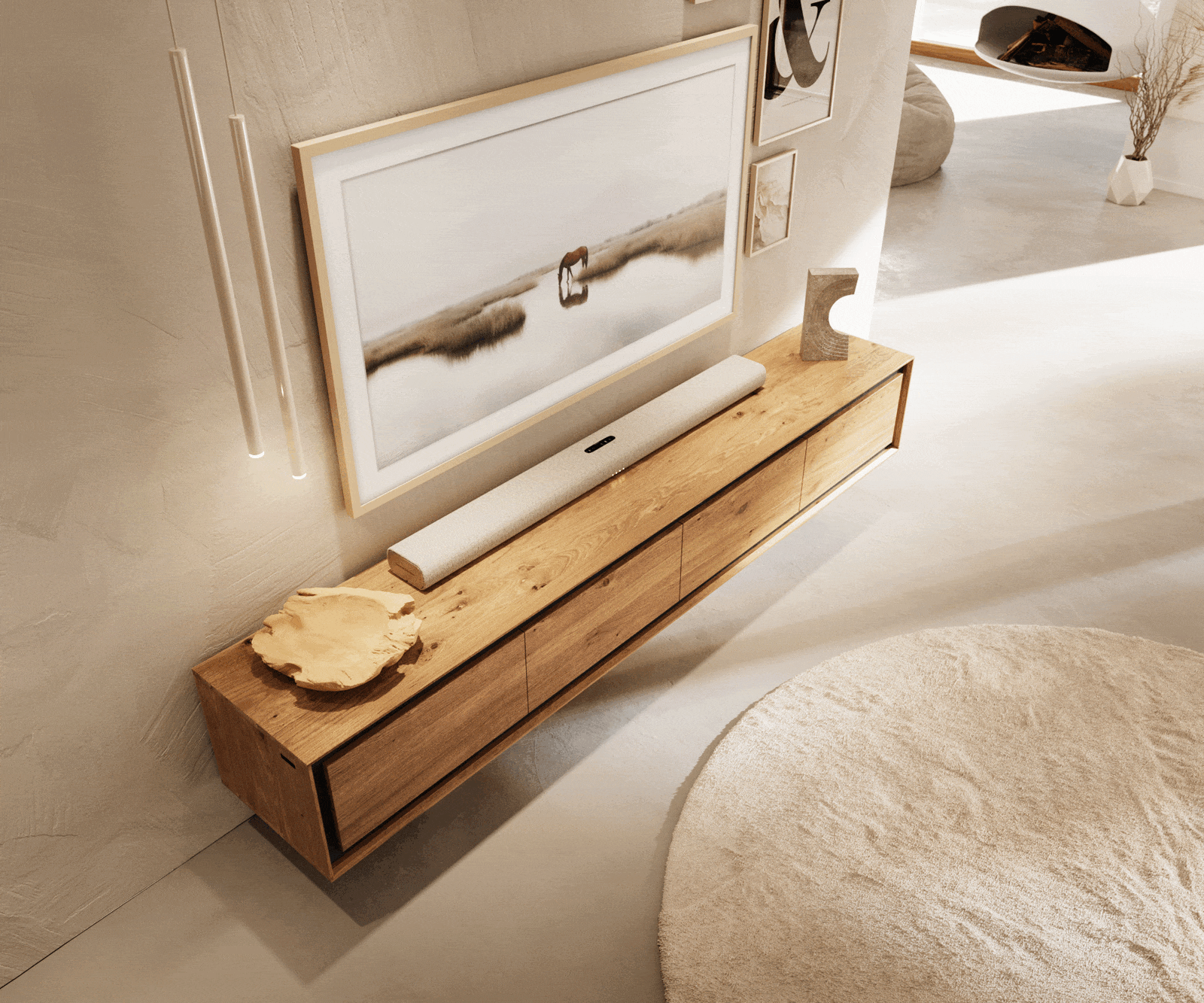 Meuble-TV Stonegrace 200 cm chêne naturel 4 portes placage pierre flottant 3