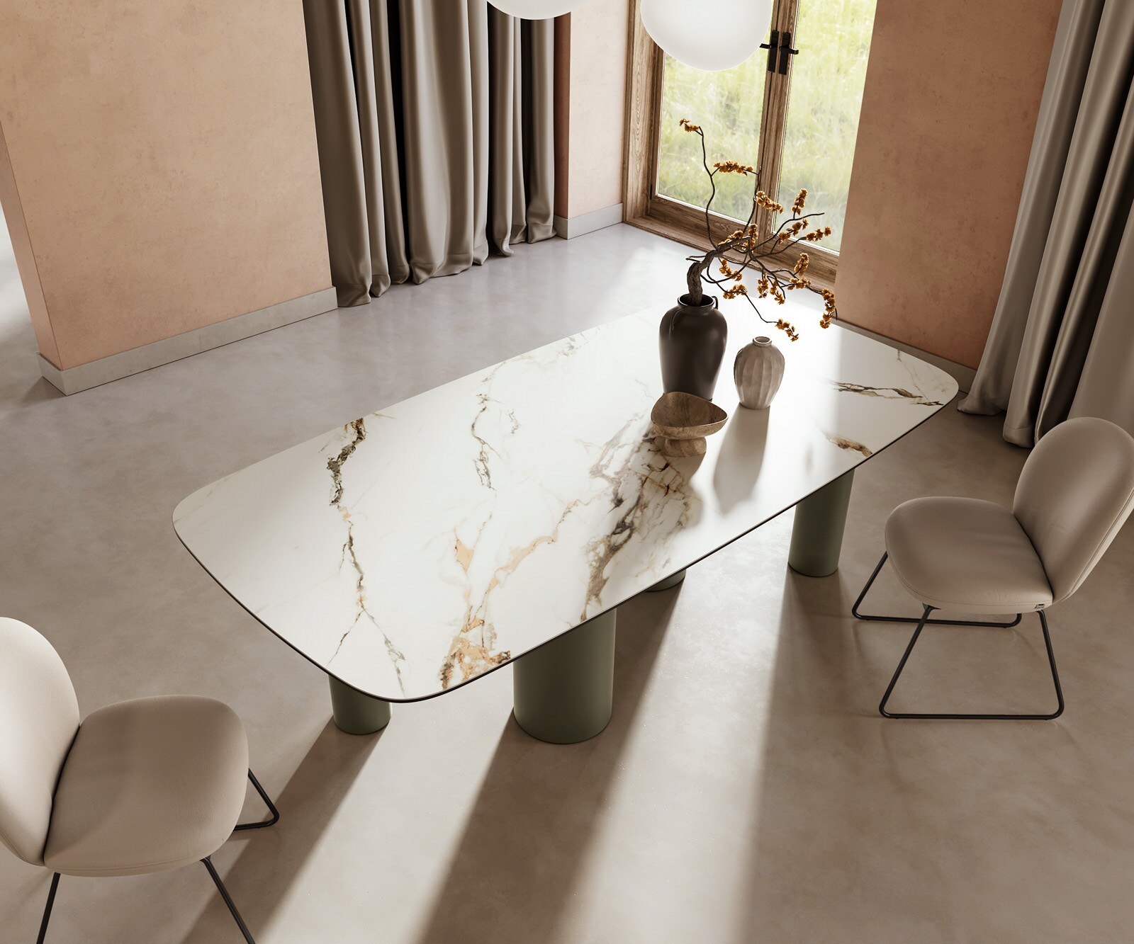 Table à manger Edge Boot 240x120cm céramique Calacatta Luxe blanc-doré-gris Pilier métal effet titane 4