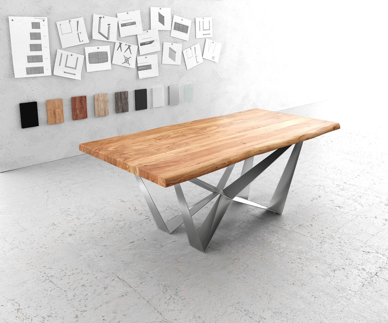 Table à manger Edge 200x100 XL acacia naturel Spider acier plat acier inoxydable Live-Edge 1
