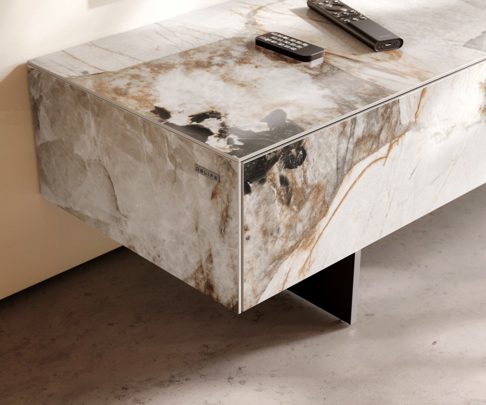 Meuble-TV Cuor 150 cm Céramique Patagonia raffinée 1 Clapet 1 Tiroir Pied optique flottant Métal Noir 6