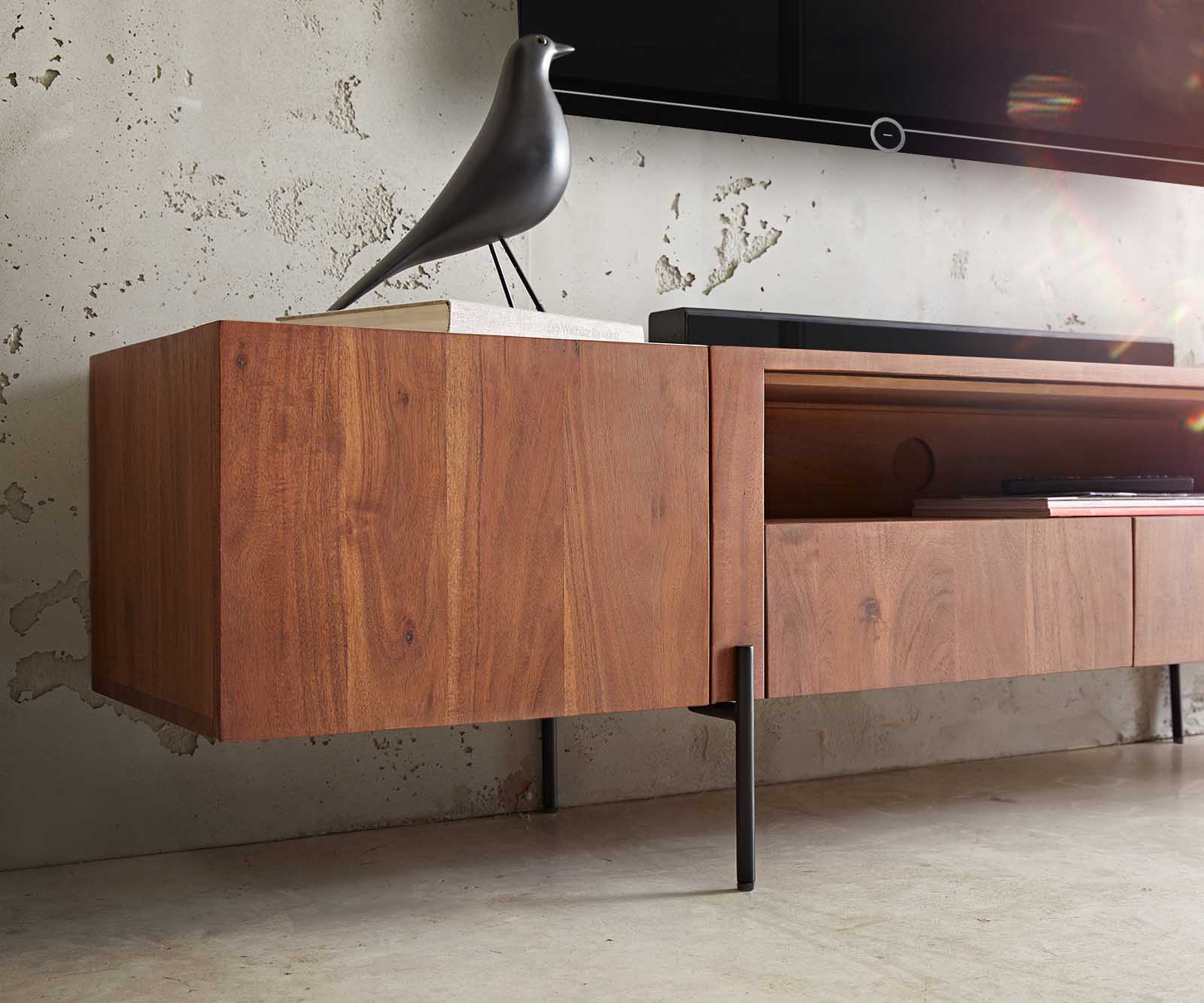Meuble-TV Secara 200 cm acacia marron 2 portes 2 tiroirs marbre pieds noirs 6