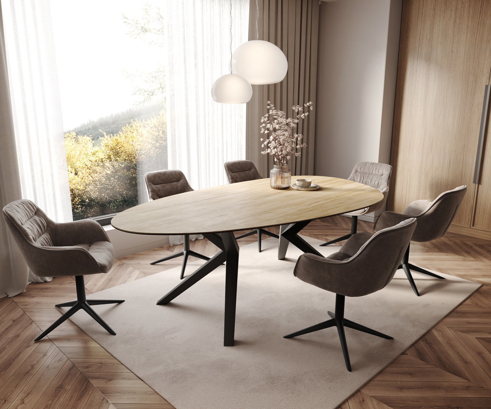 Table à manger Edge Ovale 220x120 Céramique Laminam® Sabbia Couleur chêne Zenthara anguleux Métal Noir 6
