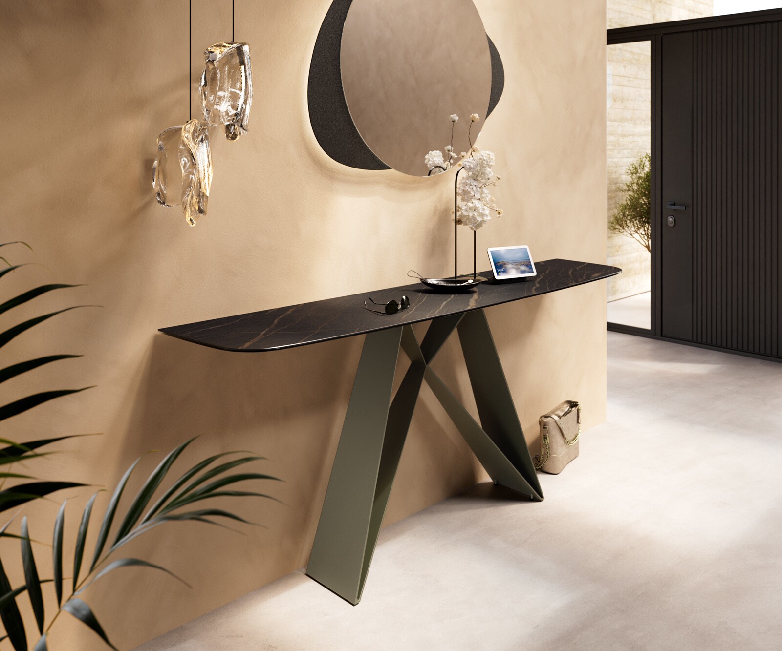 Console Edge forme bateau 180x40 cm Céramique Laminam® Noir Desir Braun Velio Métal Effektfinish Titan 4