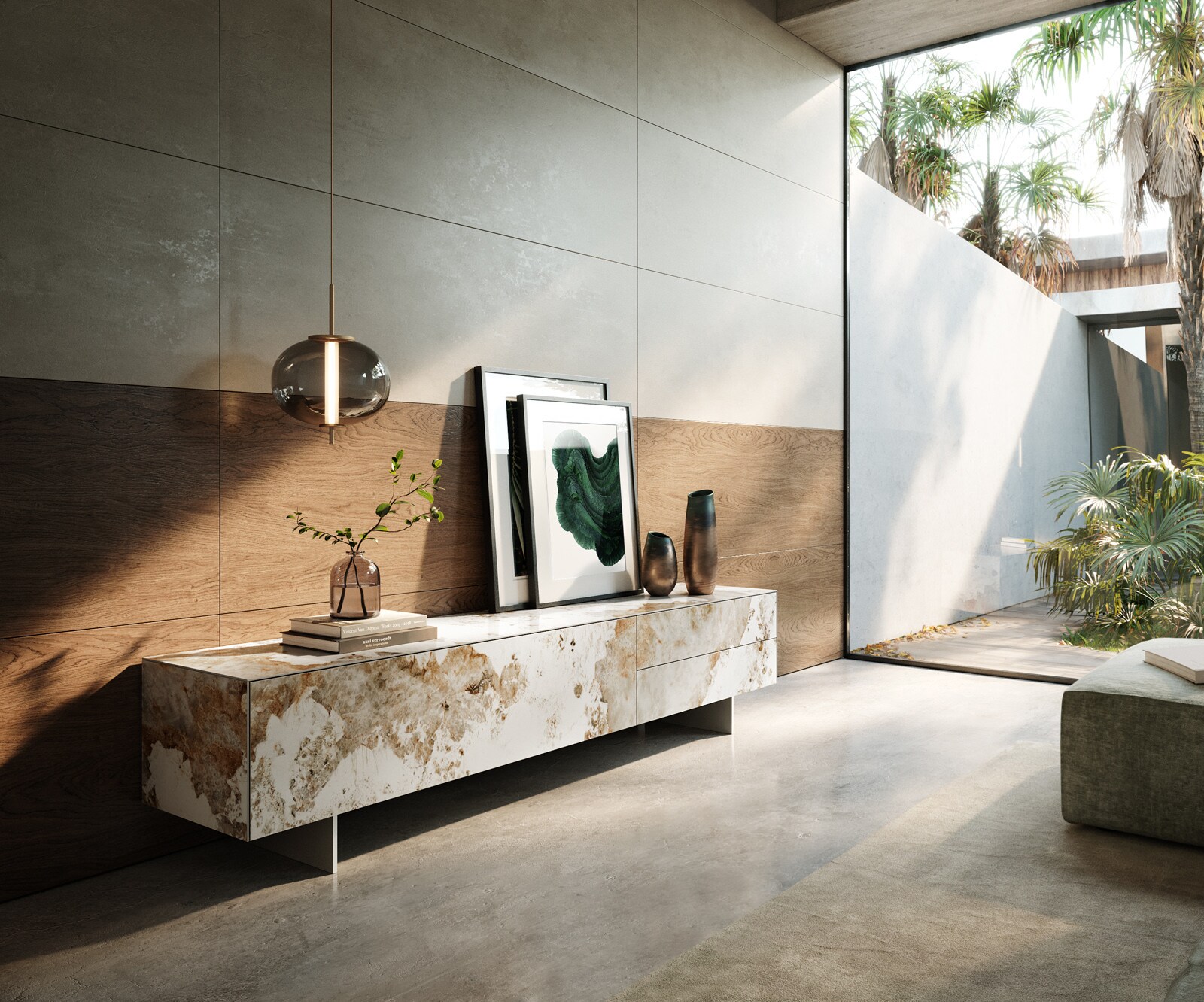 Meuble-TV Cuor 220 cm Céramique Minas Melange Blanc-beige 1 Clapet 2 Tiroirs Pied optique flottant Ancier inoxydable